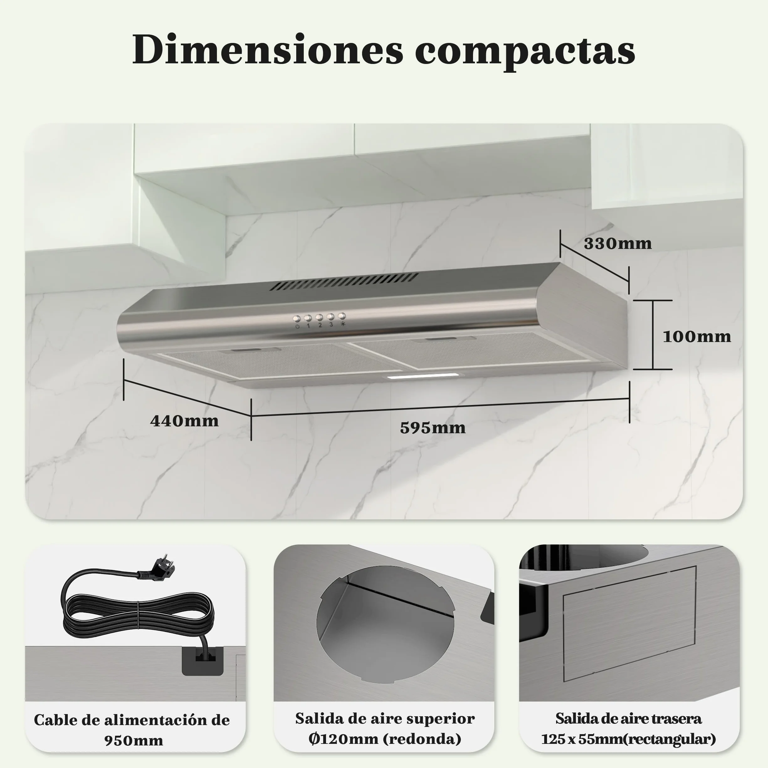 FIREGAS Campana Extractora 60cm A++, Motor Brushless Silencioso 46dB, Capacidad 319m³/h, Acero Inoxidable, Salida Superior/Trasera o Recirculación, Incluye 2 Filtros de Carbón