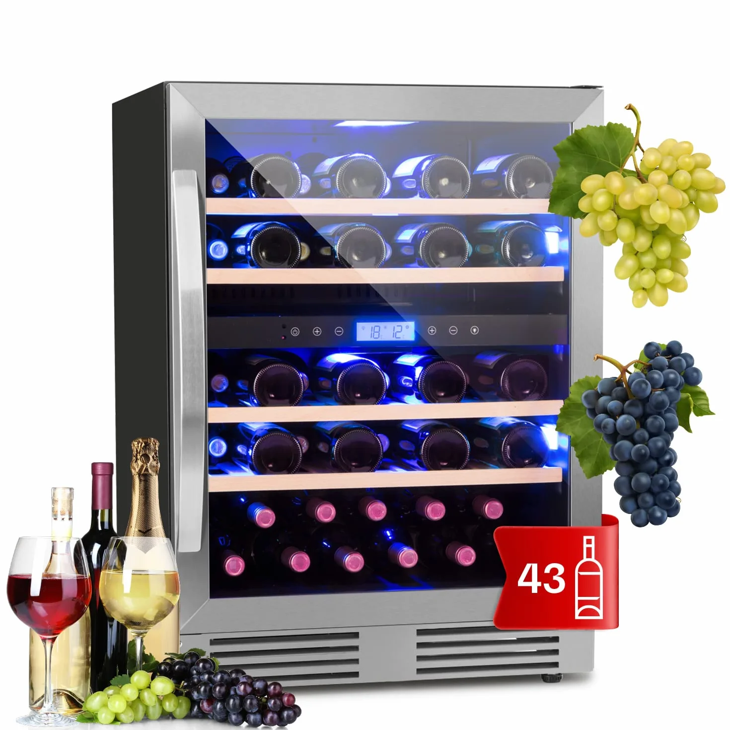 Klarstein Vinoteca para Vinos de 129L Nevera Vino Zona Doble, Botellas Vino, Proseco y Cervezas, Vinoteca Pequeña Puerta Cristal para Interior y Exterior, Nevera para Vinos Capacidad 43 Botellas