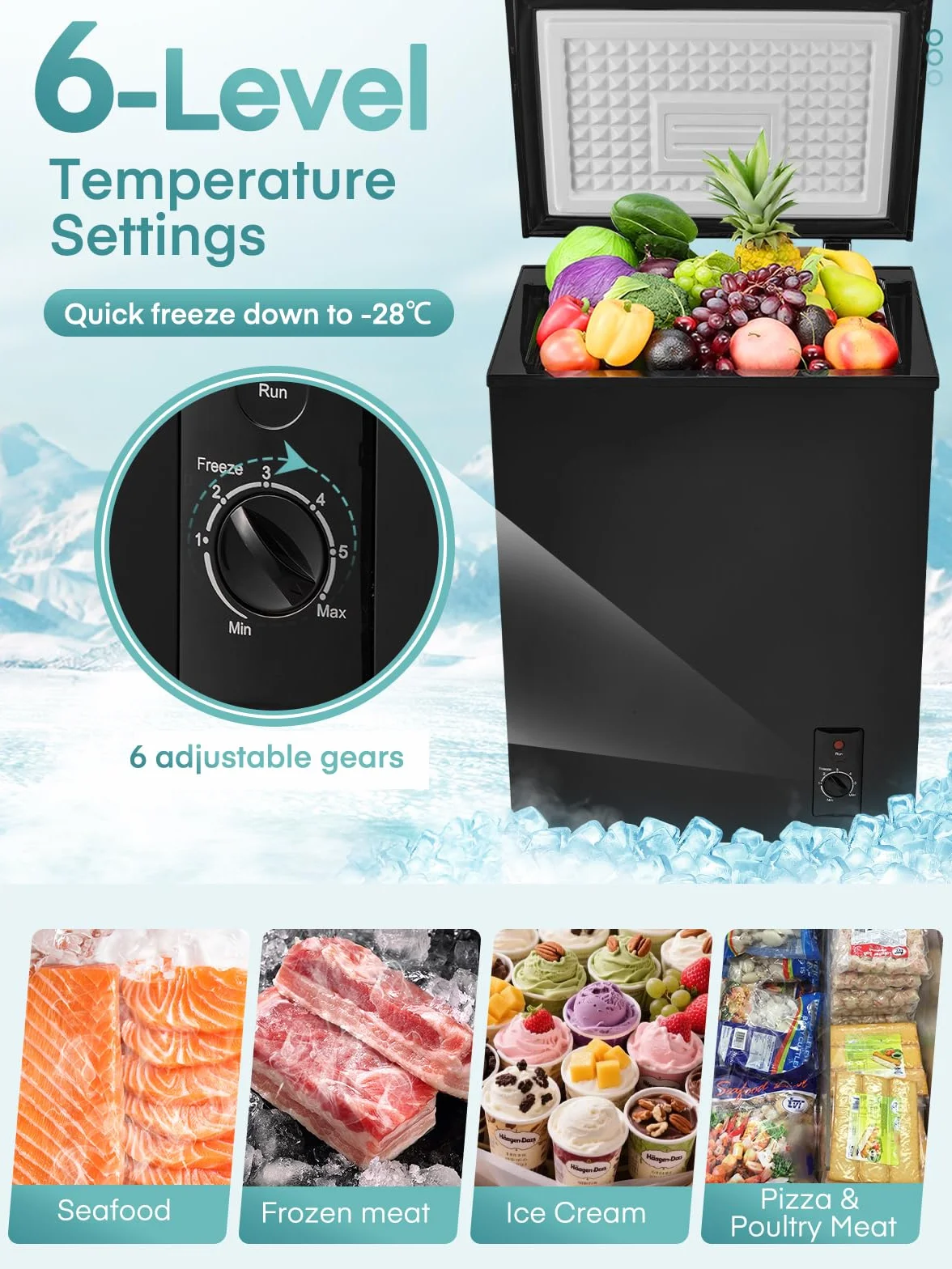 FOHERE Congelador Horizontal, Capacidad 70L, Alto 72.5 cm, Cesta con Asa, Silencioso 45 dBA, 6 Ajustes de Temperatura, Negro