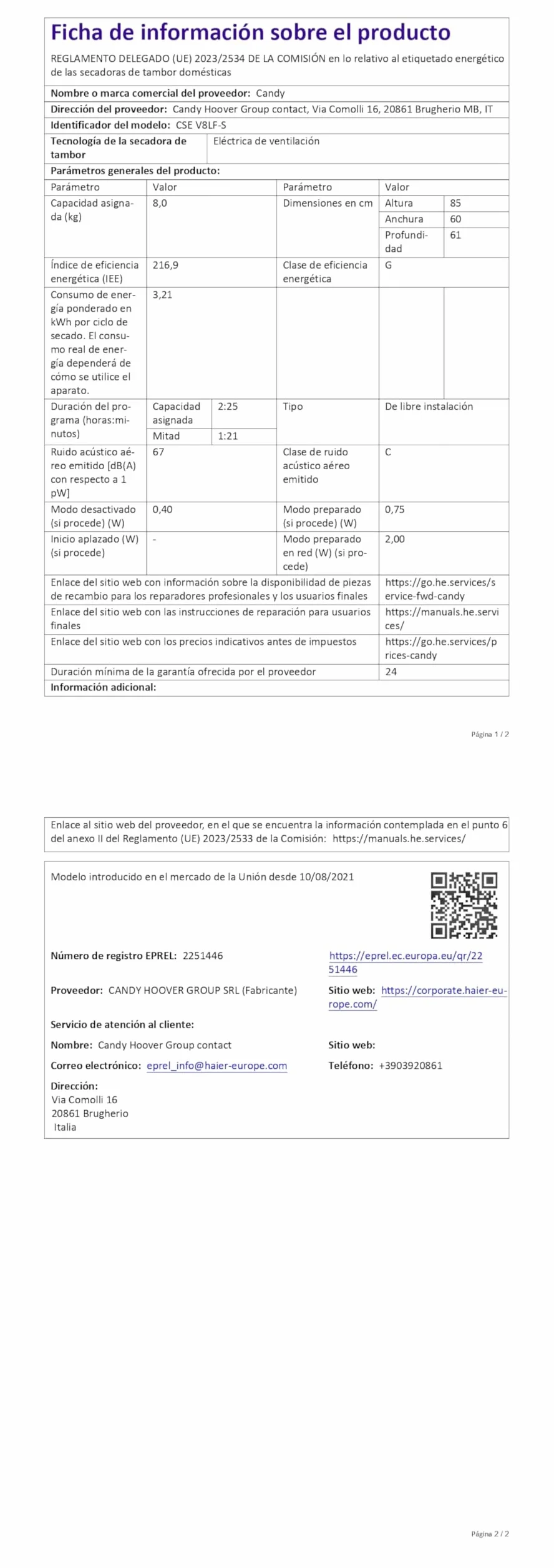 Candy Smart CSE V8LF-S Secadora Evacuación 8KG Digital NFC 14 Ciclos Escotilla XXL Blanco