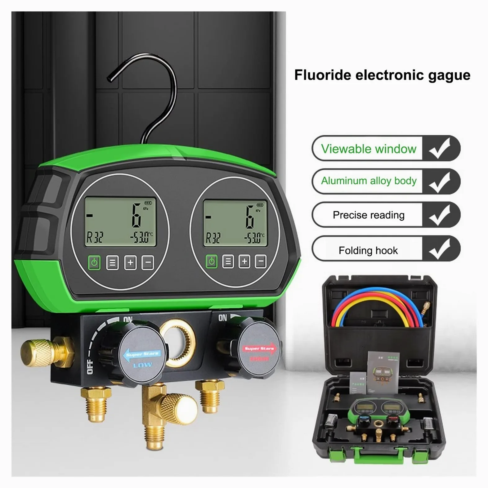 Digital Manifold Gauge Refrigeration Al vacío Temperatura Temperatura Tester Dignostic Herramienta for 90 Tipos Refrigerantes(2)