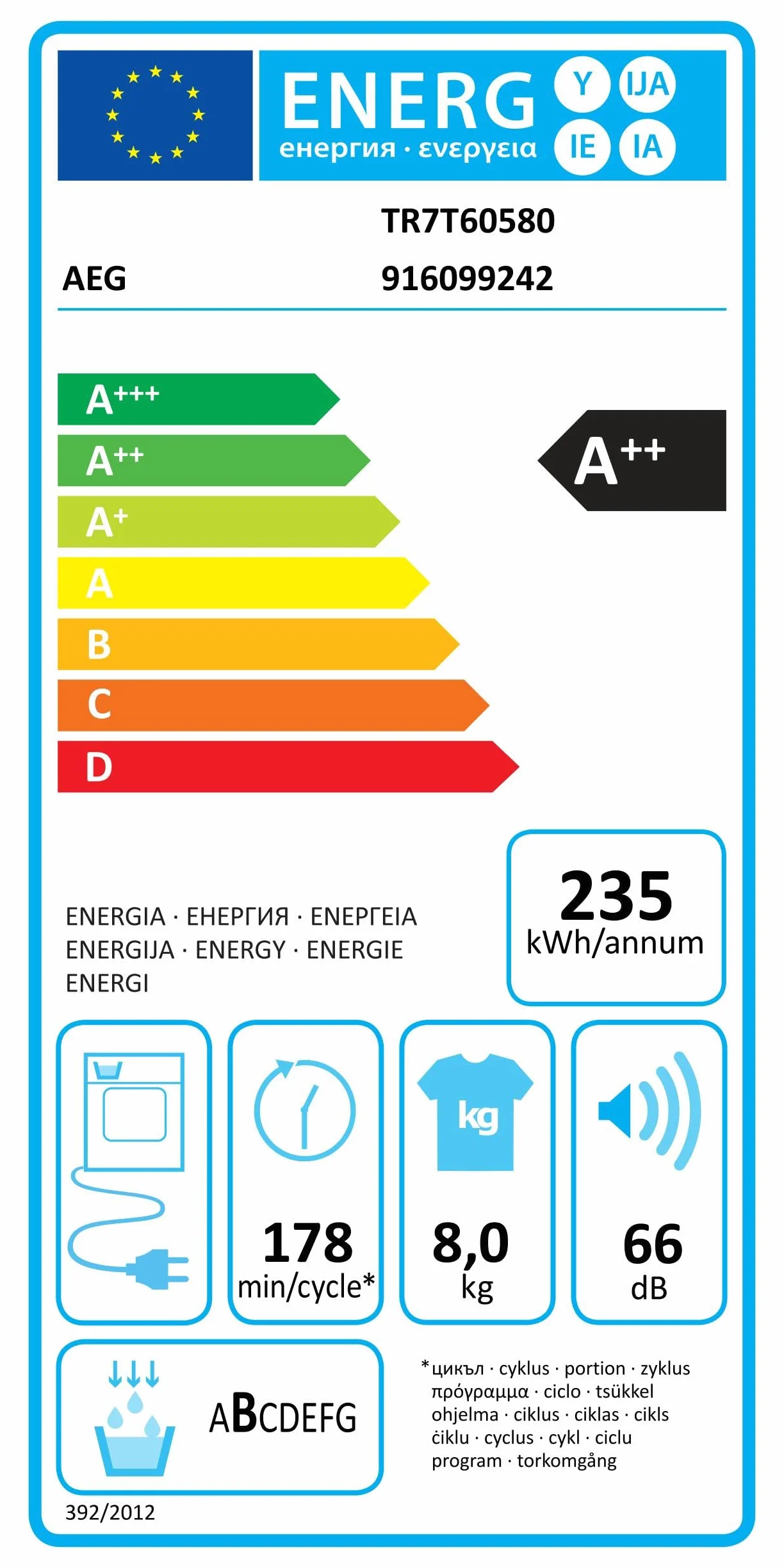 AEG Secador de bomba de calor, 8 kg, serie 7000: SensiDry procedimiento en seco suave y de bajo consumo, nueva tecnología de energía E, volumen automático, tambor suave, dirección de rotación alterna