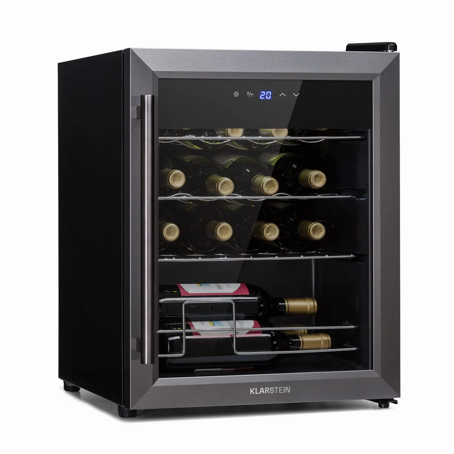KLARSTEIN Ultimo Uno - Vinoteca, Nevera para vinos con regulador de temperatura entre 5 y 8 °C, Control táctil, Iluminación interior LED, Espacio para 16 botellas, 42 litros de volumen, Negro