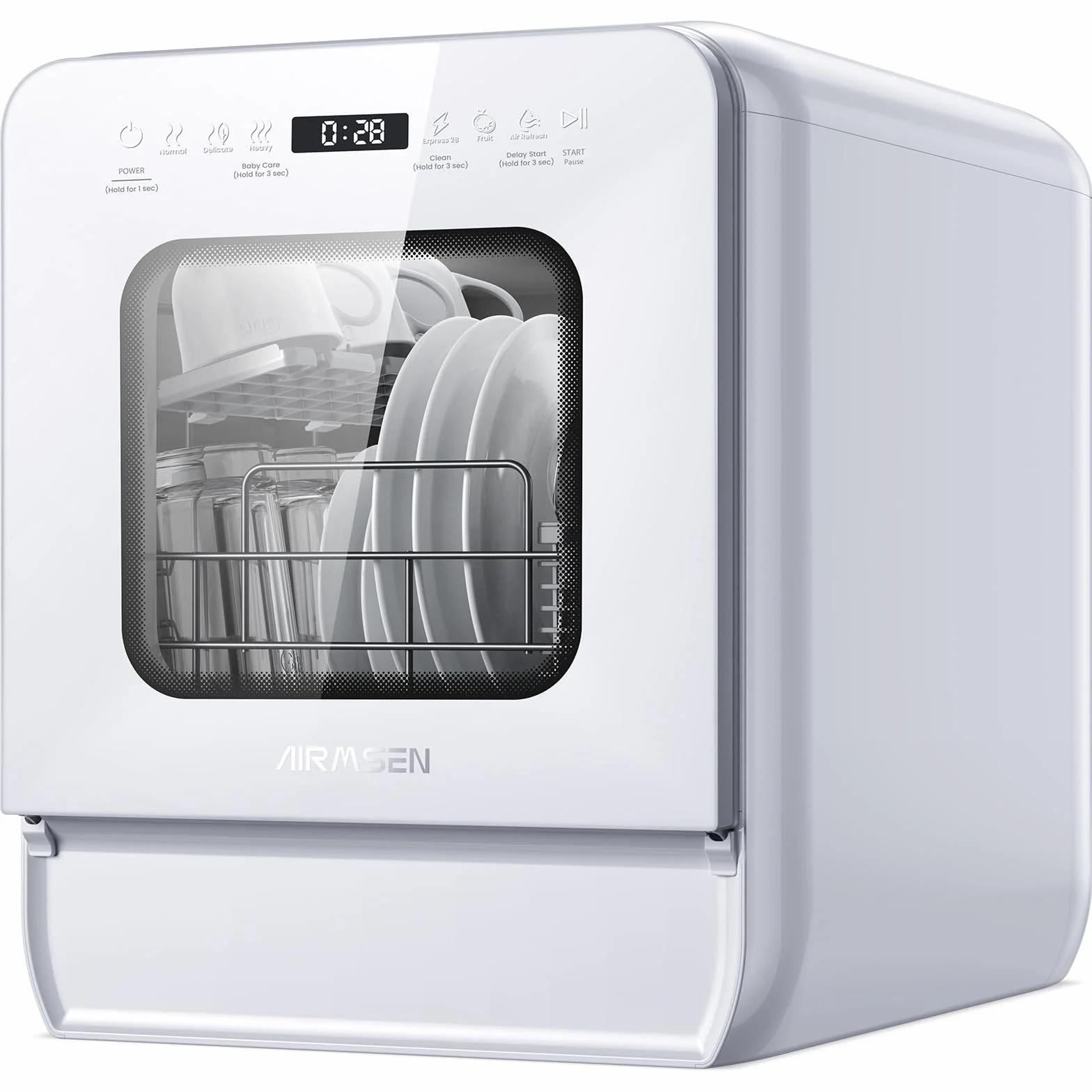 AIRMSEN Lavavajillas de Encimera Mini Lavavajillas con Tanque de 5L, 7+2 Programas Diseño Ultra Estrecho (37x50cm) y Gran Profundidad Lavavajillas Compacto Rociado Dual 360° Blanco (Blanco)
