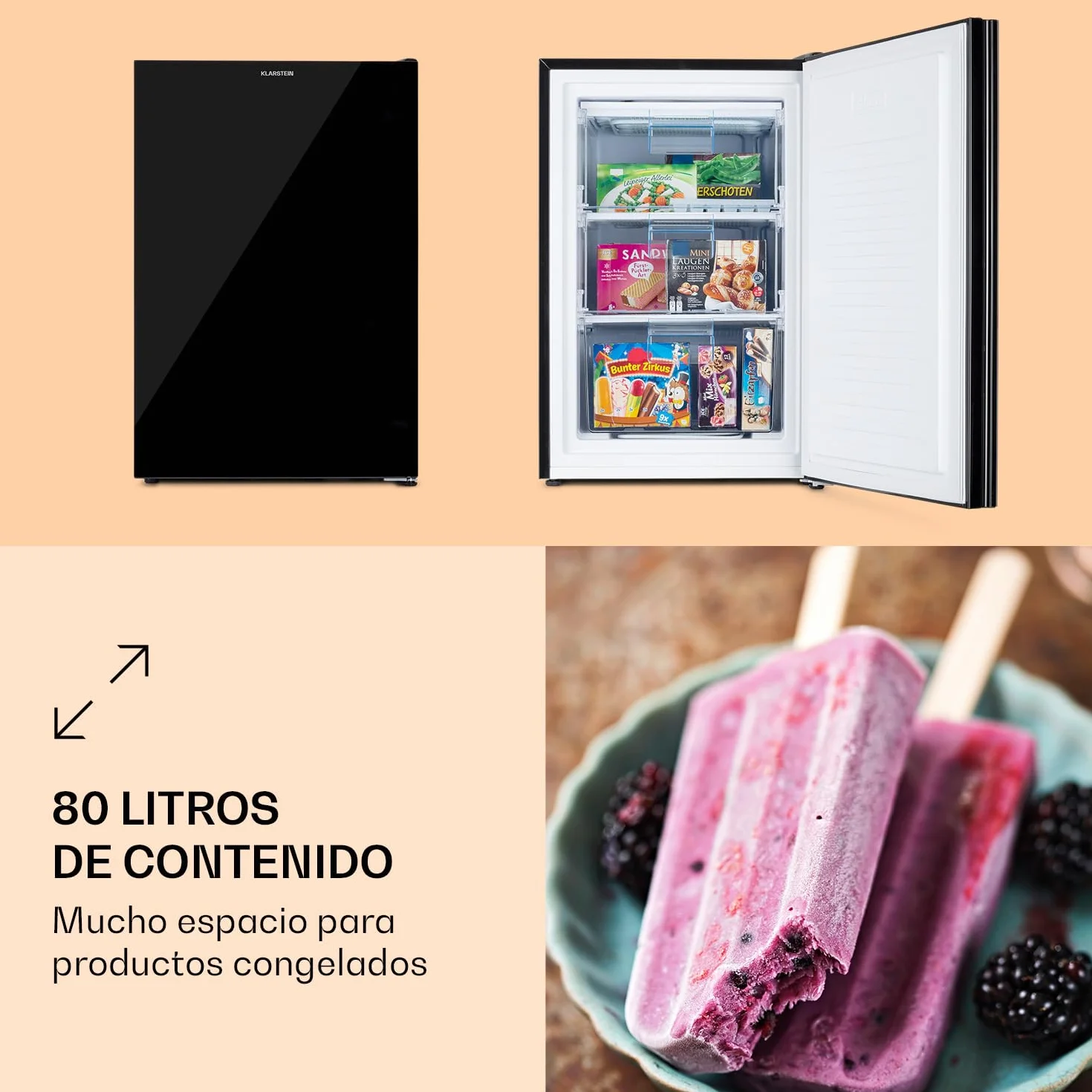 Klarstein Pluto - congelador, puerta frontal, 1 balda, termostato con 5 niveles, hasta -18 °C, patas regulables en altura, 39 dB, 80 litros de capacidad, negro