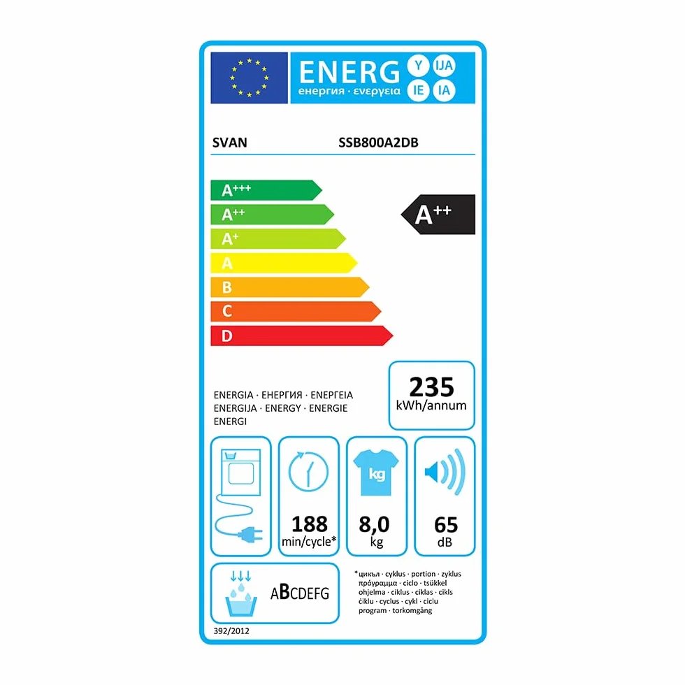 Svan Secadora de Bomba calor 8Kg Carga Frontal Blanco SSB800A2DB. 1000W, 15 Programas, Función Antiarrugas, Display LED manual, Eficiencia Energética Clase A++ [Clase de eficiencia energética A++]