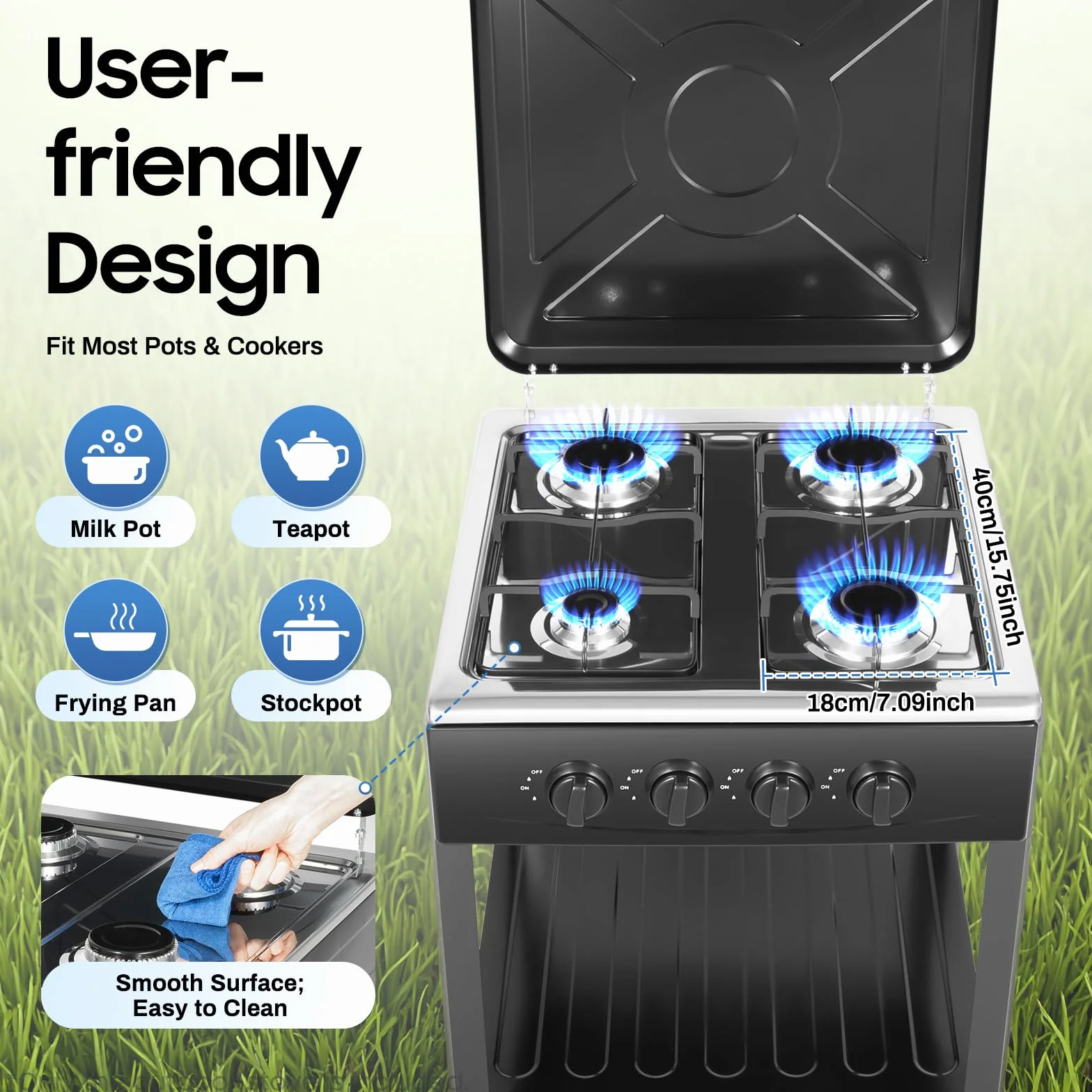 Cocina de gas independiente de 4 fuegos con estante, placa de gas para propano/gas natural, encendido manual, estufa de gas para camping, exterior, autocaravana, color negro, 49 x 49 x 79 cm