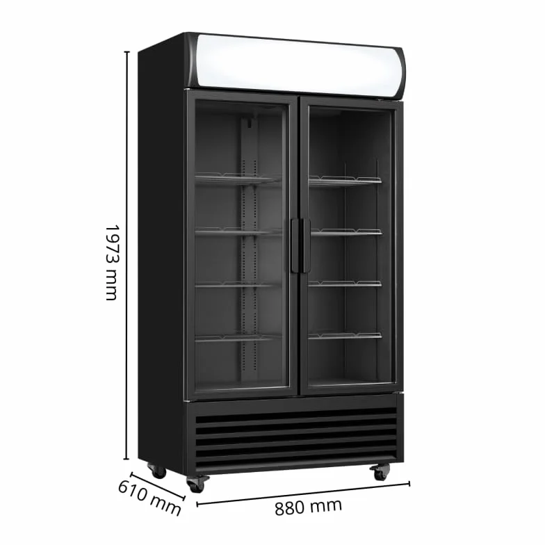 Armario para bebidas profesional refrigerado – 2 puertas acristaladas – 568 litros – Iluminación LED – Canopy publicitario – Temperatura +2°C a +10°C