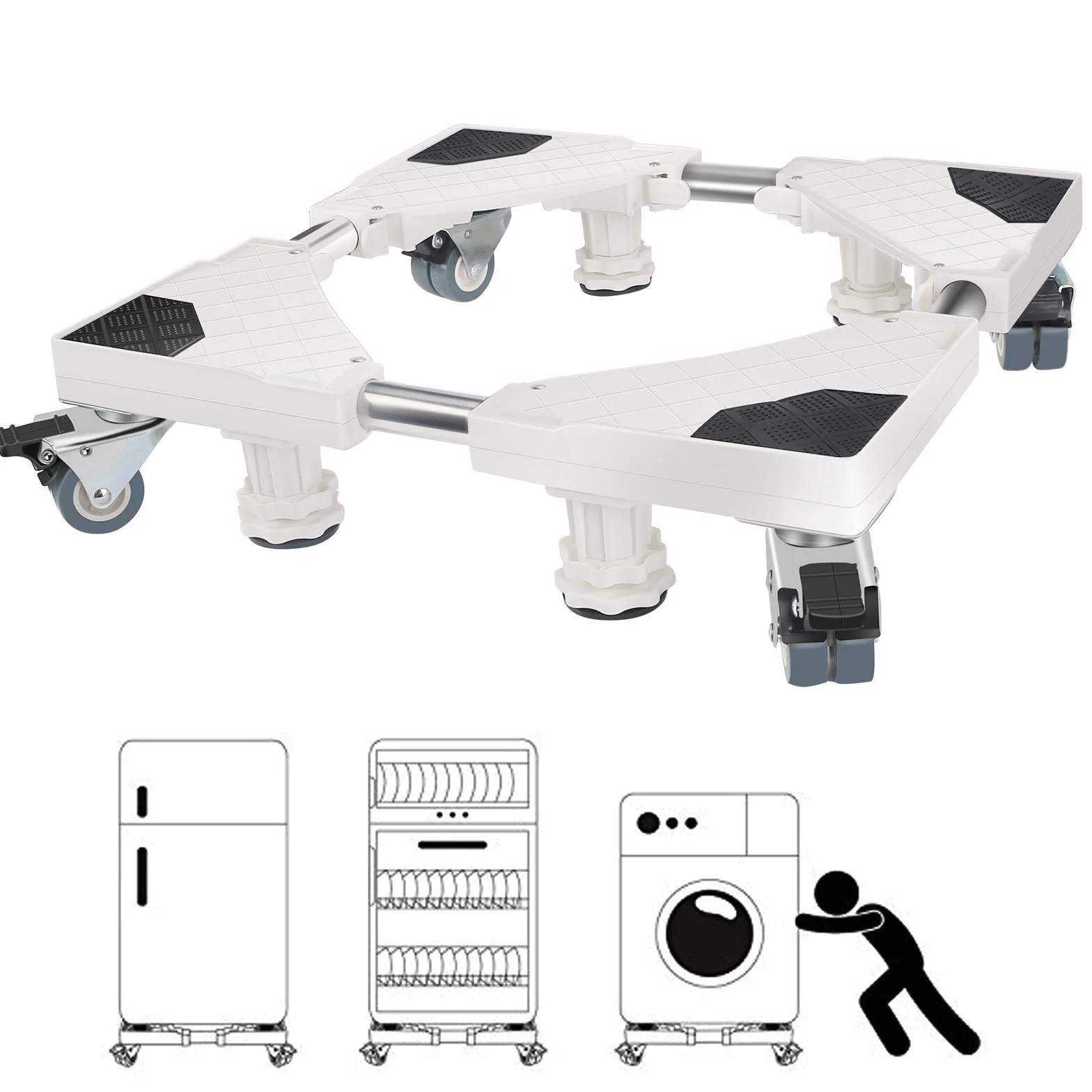 Winzwon Base Lavadora, Ajustable Soporte Lavadora para Nevera Secadora, Movil Electrodomesticos, Largo/Ancho 46,5-68 cm, Altura 11-12 cm(Blanco)
