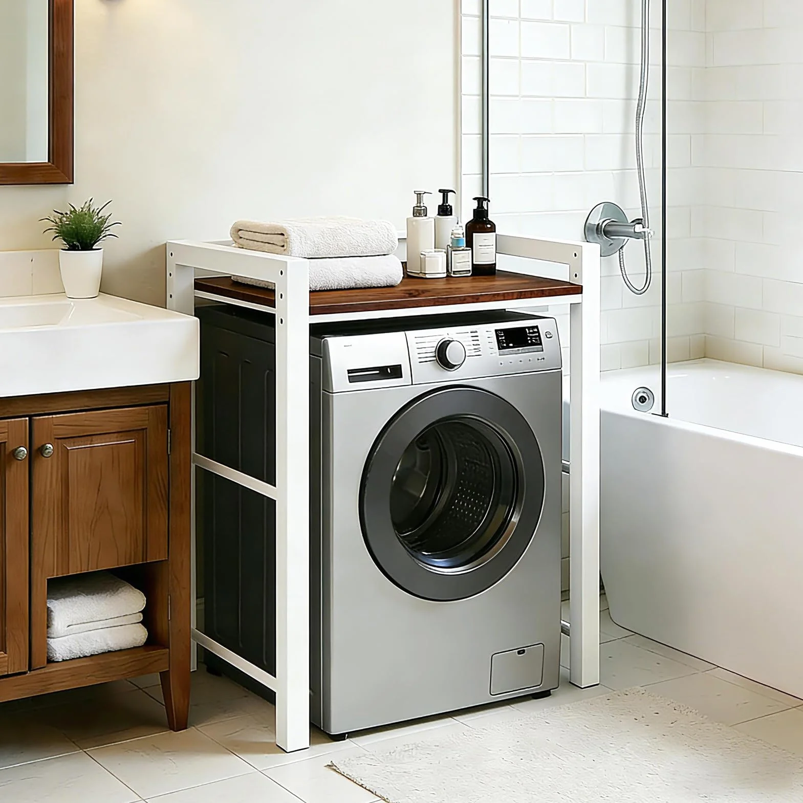 Mueble para Lavadora, Mueble para Lavadora y Secadora - Carga 350kg, Soporte Secadora Sobre Lavadoras - Ajuste de Altura de 3 Niveles, Armario Lavadoras Secadoras para Baño Balcón Lavandería (Blanco)