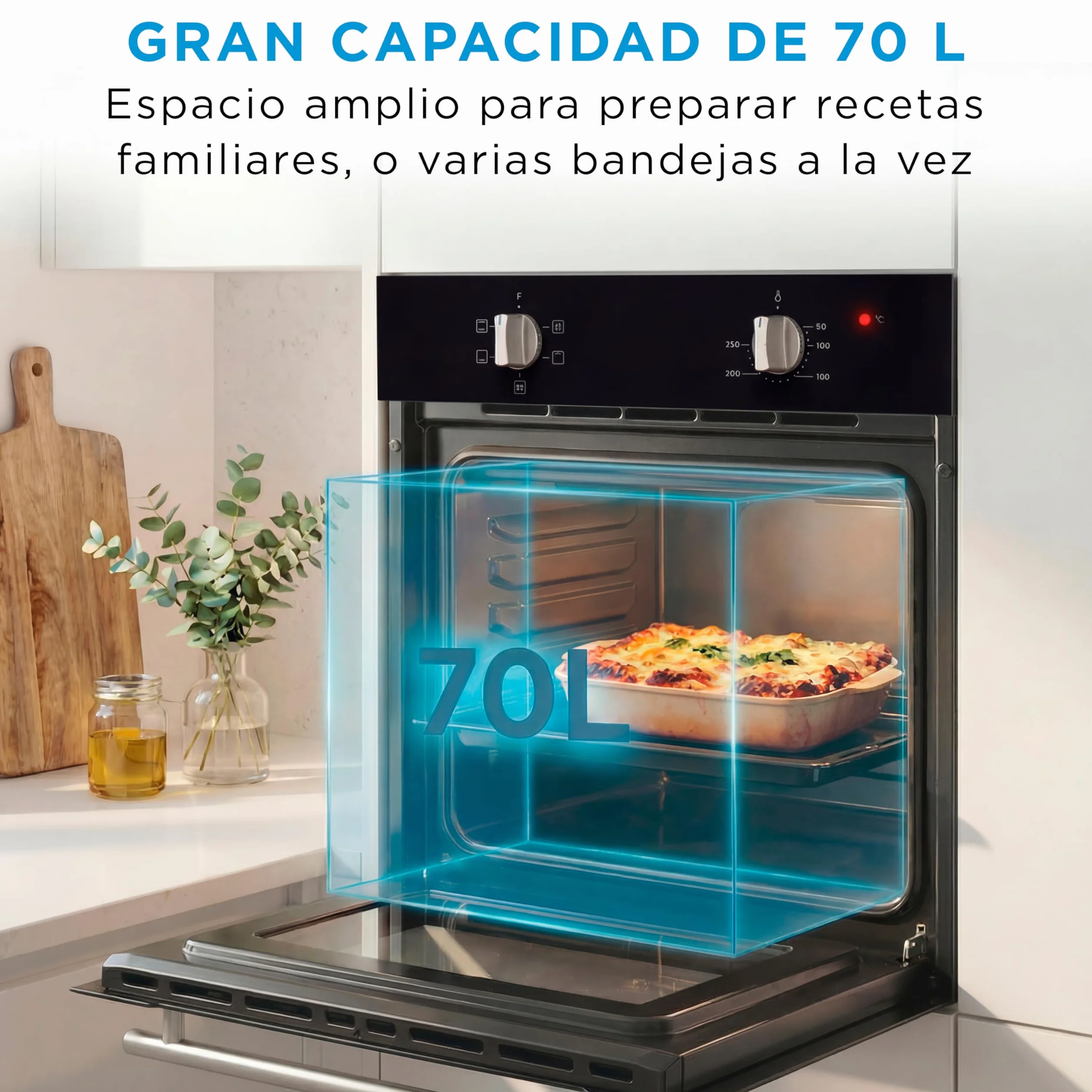 Midea Horno Electrico Empotrable Convencional de 70L y 2100W - Horno Integrable Negro con 4 funciones, Modo ECO - Hornos con Luz Led de Bajo Consumo, Puerta Doble Cristal, Bandeja Universal, y Rejilla