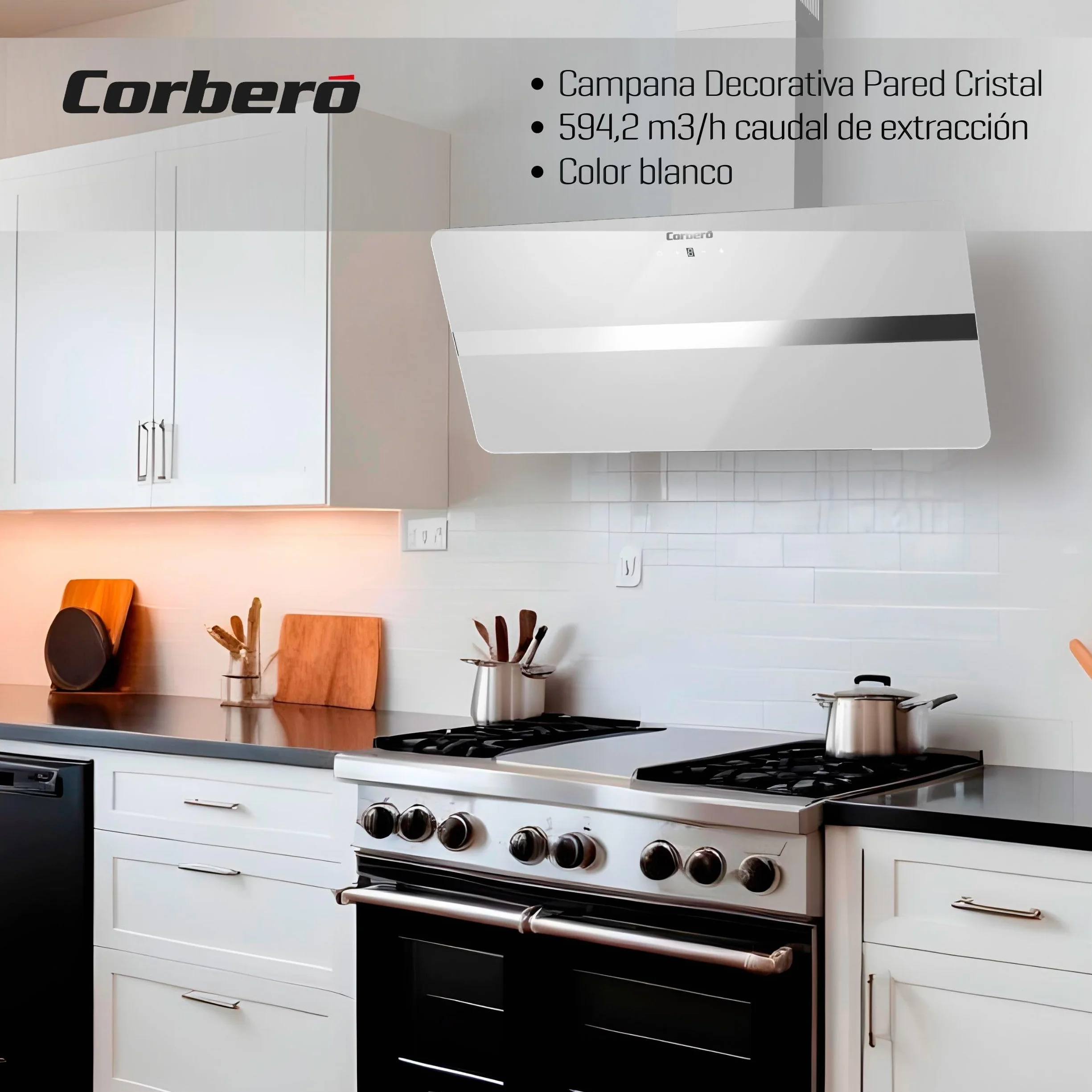 Corberó Campana Extractora 90 cm VICTORIA960W 594,2 m3/h 67db 165W 3 Velocidades Control Touch Vidrio Templado Filtro Aluminio Carbón Cristal Blanco