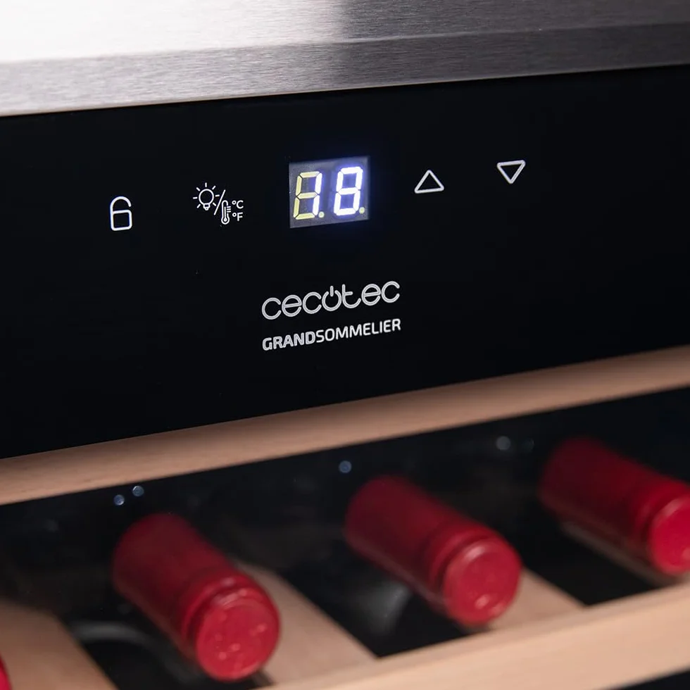 Cecotec Vinoteca 34 botellas Bolero grandsommelier 34030 inox compressor, 80 L, Enfriamiento por compresor, Temperatura regulable de 5 a 18ºC, Control táctil, Display, LED interior.