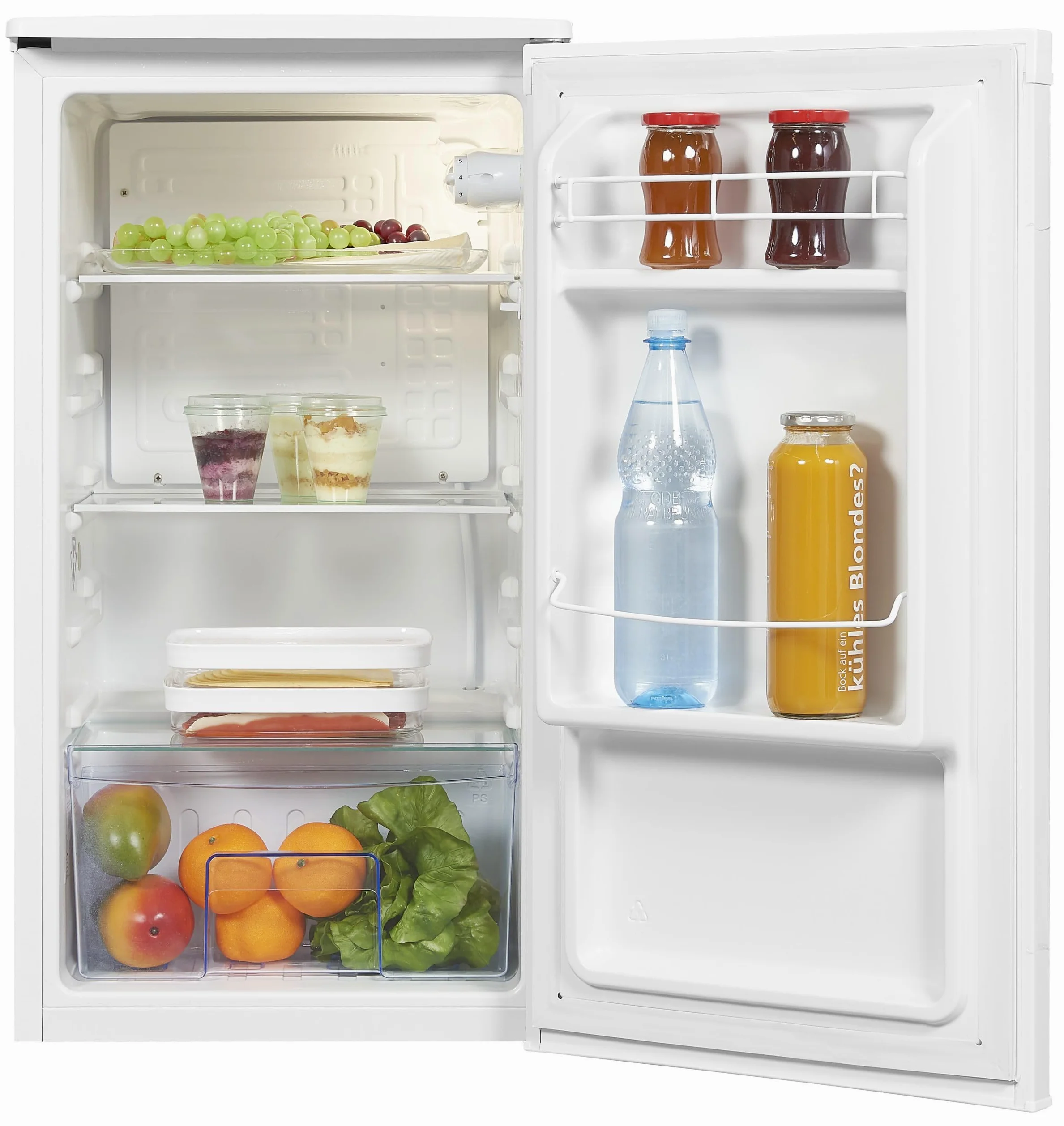 Exquisit® Frigorífico Table Top, 75L, Clase E, Color Blanco, Estantes de Cristal, Puerta Reversible, Tiradores Integrados, Cajón Verdulero, Consumo 84 kWh/año, Medidas 84,3x45x45.4 Cm.