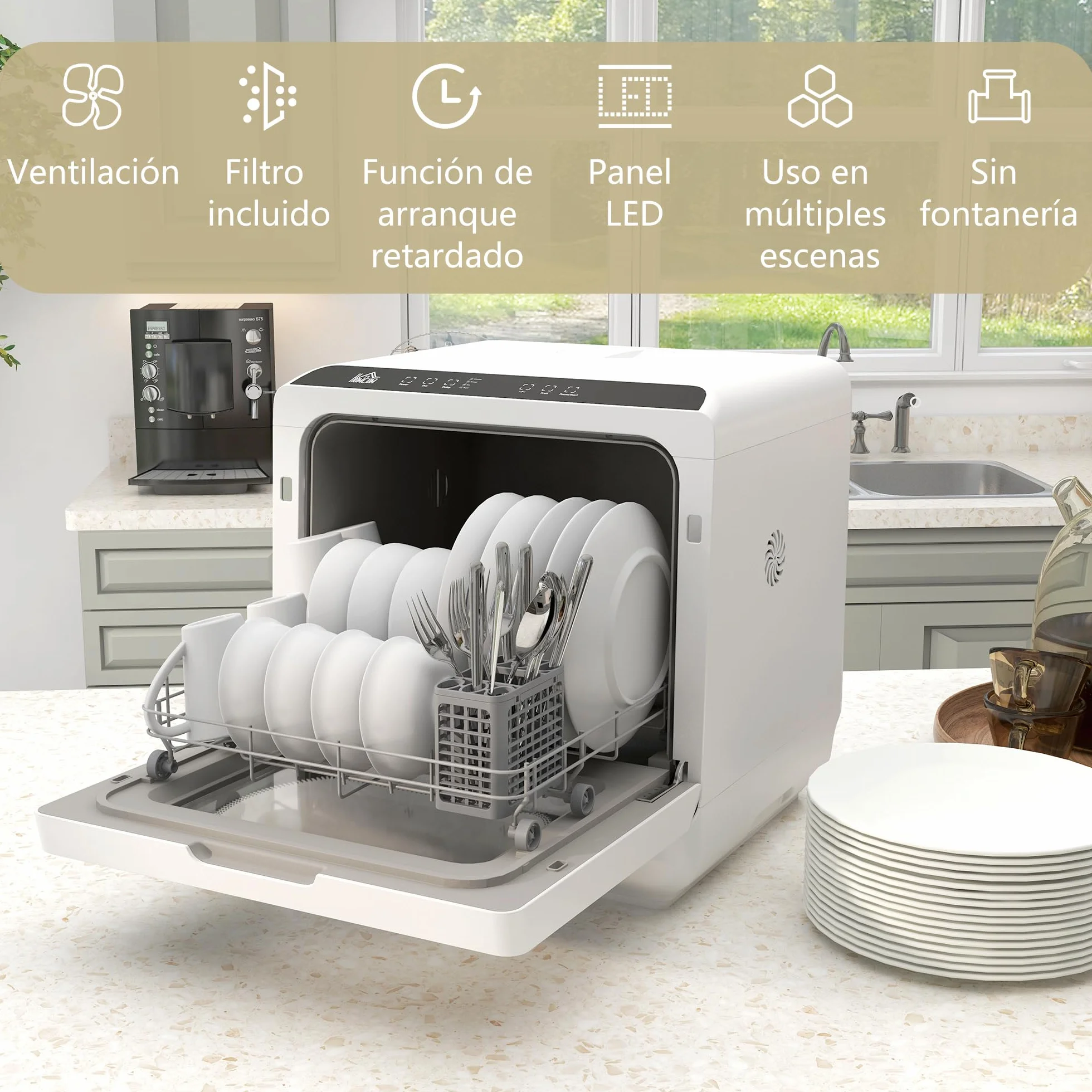HOMCOM Lavavajillas de Encimera Pequeño con 5+1 Programas, ECO, Depósito de Agua 6L, Dos Modos de Suministro, Pantalla LED para Cocina y Apartamentos