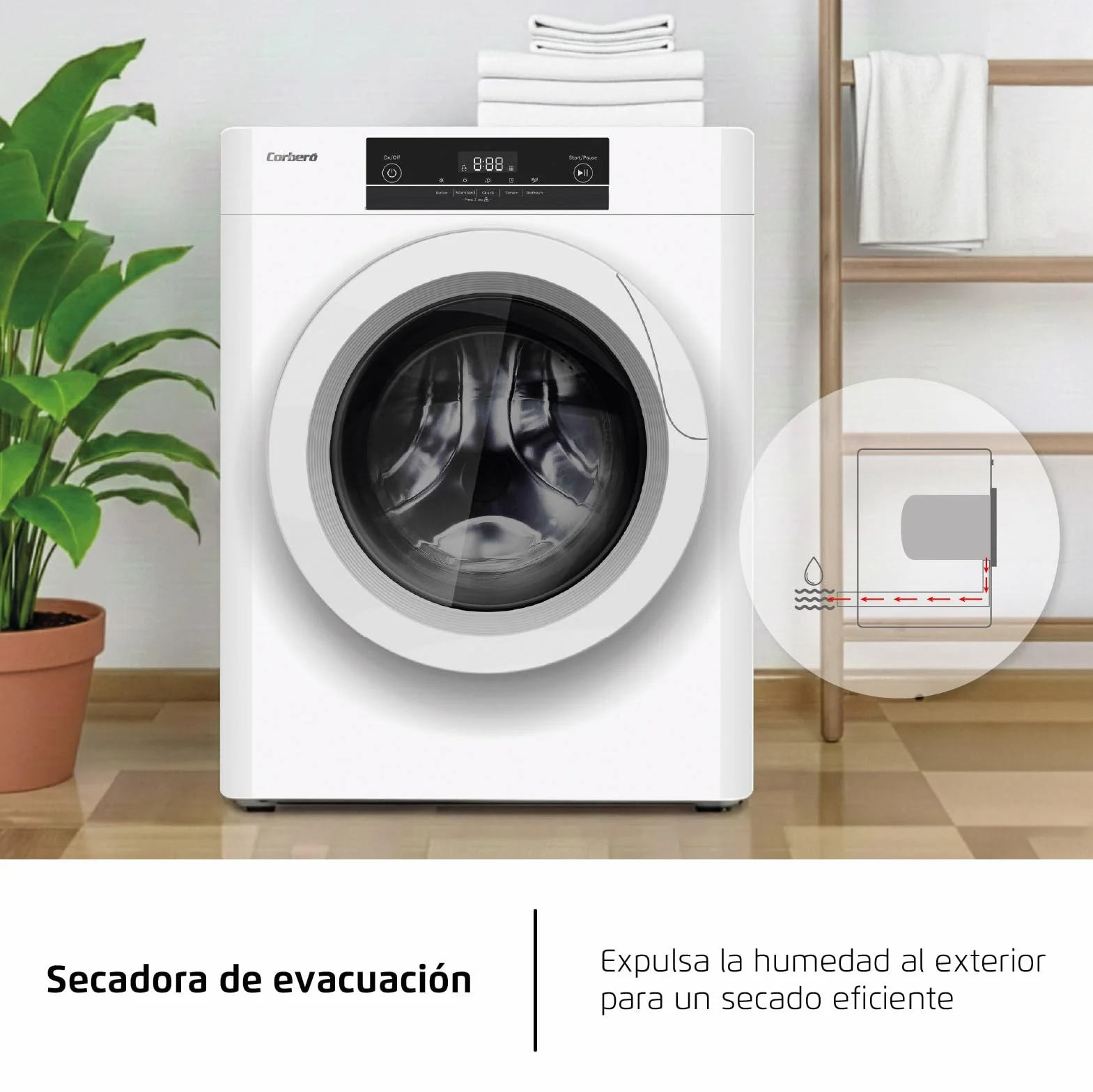 Corberó Secadora de Evacuación CSM320W 3 Kgs Secado Rápido 45 Min Display LED 5 Programas Apertura 180º 65dB Blanco