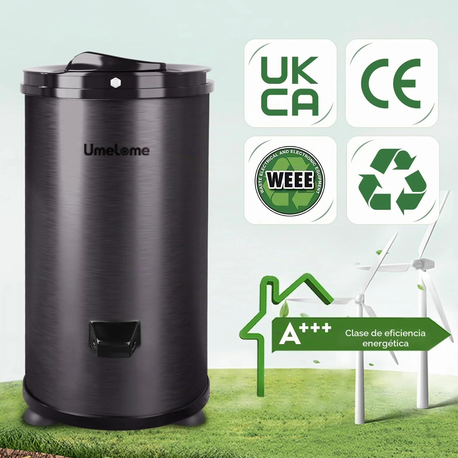 Secador de centrifugado de Umelome 6 kg, secadora de ropa de 2800 rpm, Secadores Giratorios de Clase de eficiencia energética A+++, negro