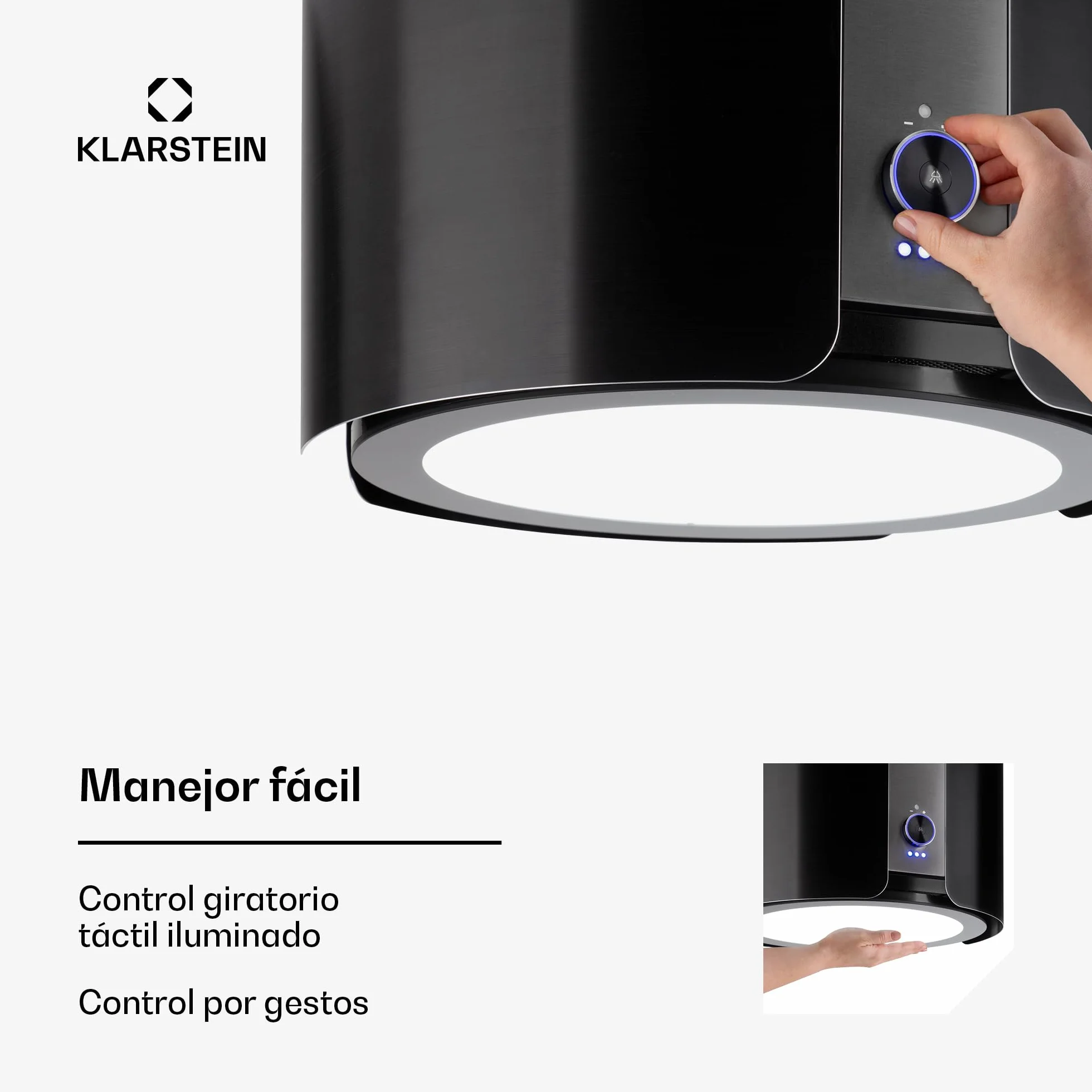 Klarstein Skyfall Smart – Extractor de humo tipo isla, campana aislada, control por aplicación móvil, 45 x 42 cm (ØxB), ventilación y extracción, 3 niveles, 402 m³/h iluminación LED, clase C, negro