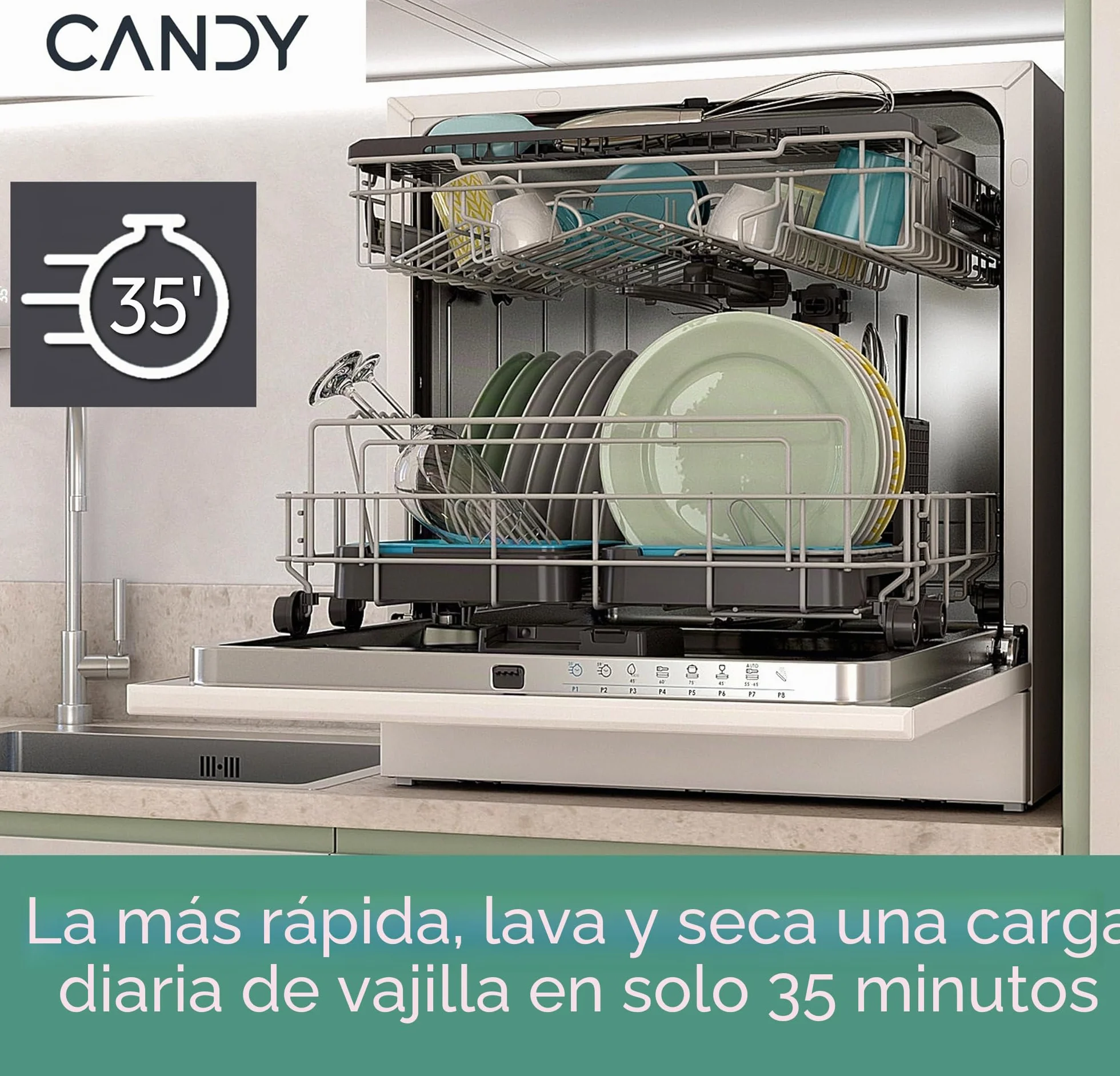 Candy Rapido' CP 8F9FFW Lavavajillas compacto, 8 cubiertos, 8 programas, lavado y secado de 190 cm, primera selección, HxBxD 59,5 x 50,1 x 55 cm, blanco [clase energética F]