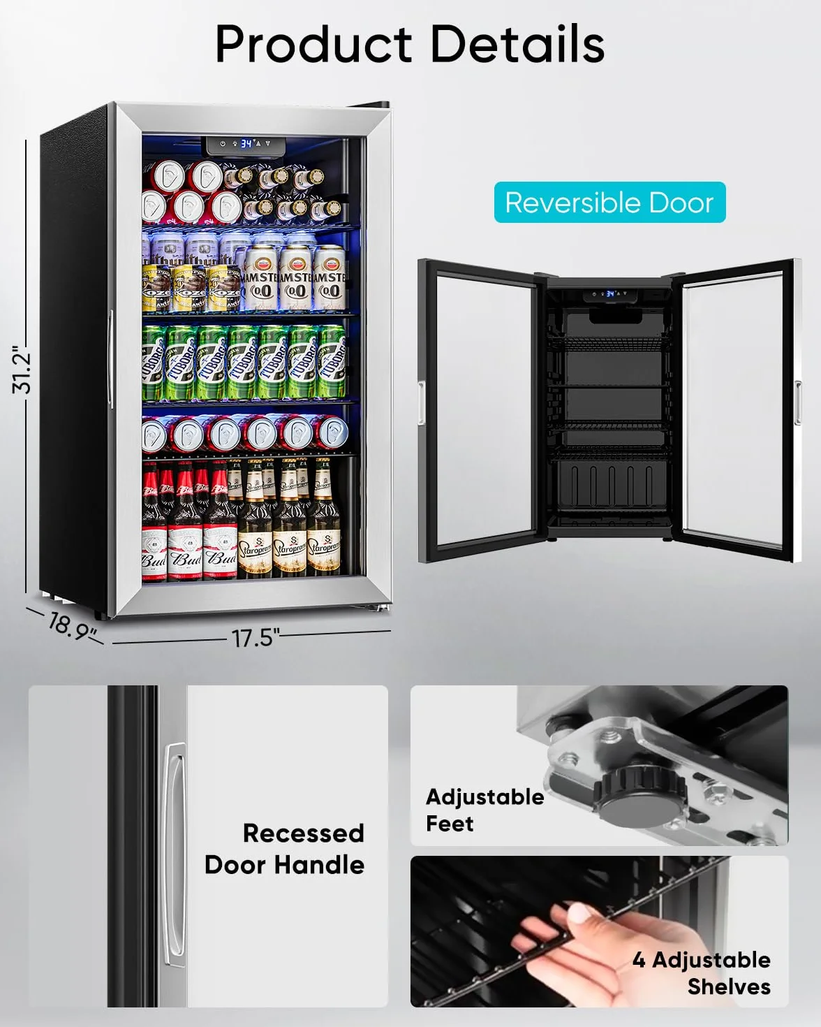 Feelfunn - Refrigerador y enfriador de bebidas, 126 latas, mini puerta de vidrio para refrescos, cerveza, vino, nevera de bebidas no empotrado para el hogar, oficina, bar, 4 estantes ajustables, 3.2