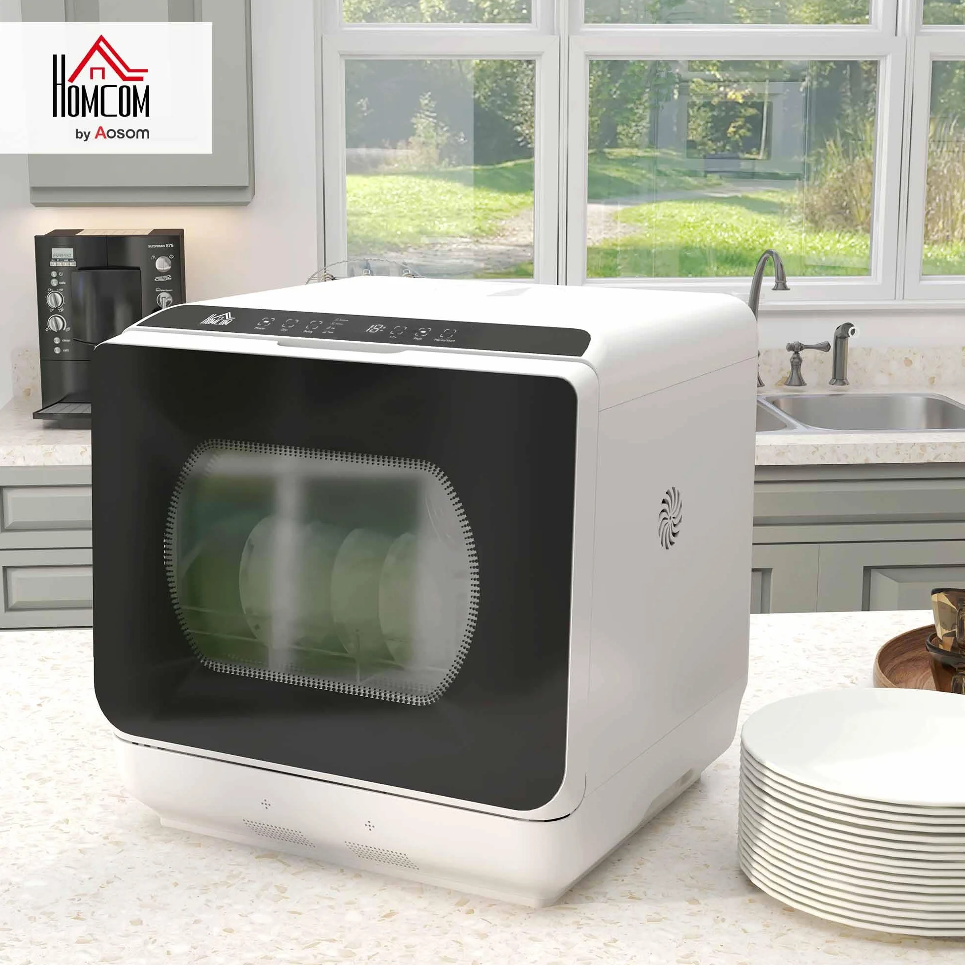 HOMCOM Lavavajillas de Encimera Pequeño con 5+1 Programas, ECO, Depósito de Agua 6L, Dos Modos de Suministro, Pantalla LED para Cocina y Apartamentos