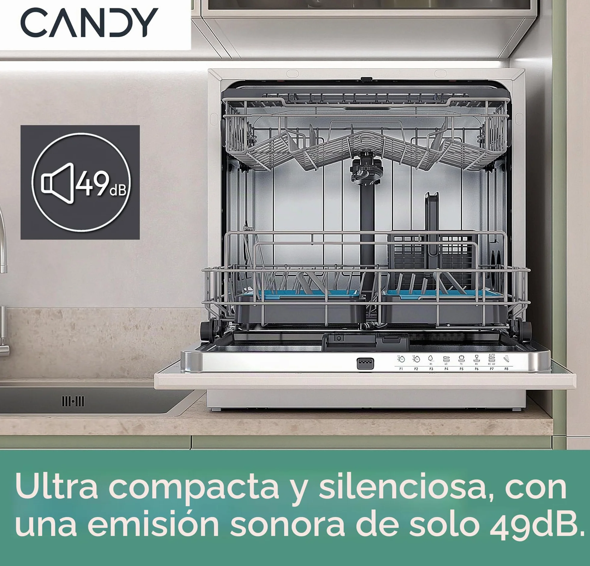 Candy Rapido' CP 8F9FFW Lavavajillas compacto, 8 cubiertos, 8 programas, lavado y secado de 190 cm, primera selección, HxBxD 59,5 x 50,1 x 55 cm, blanco [clase energética F]