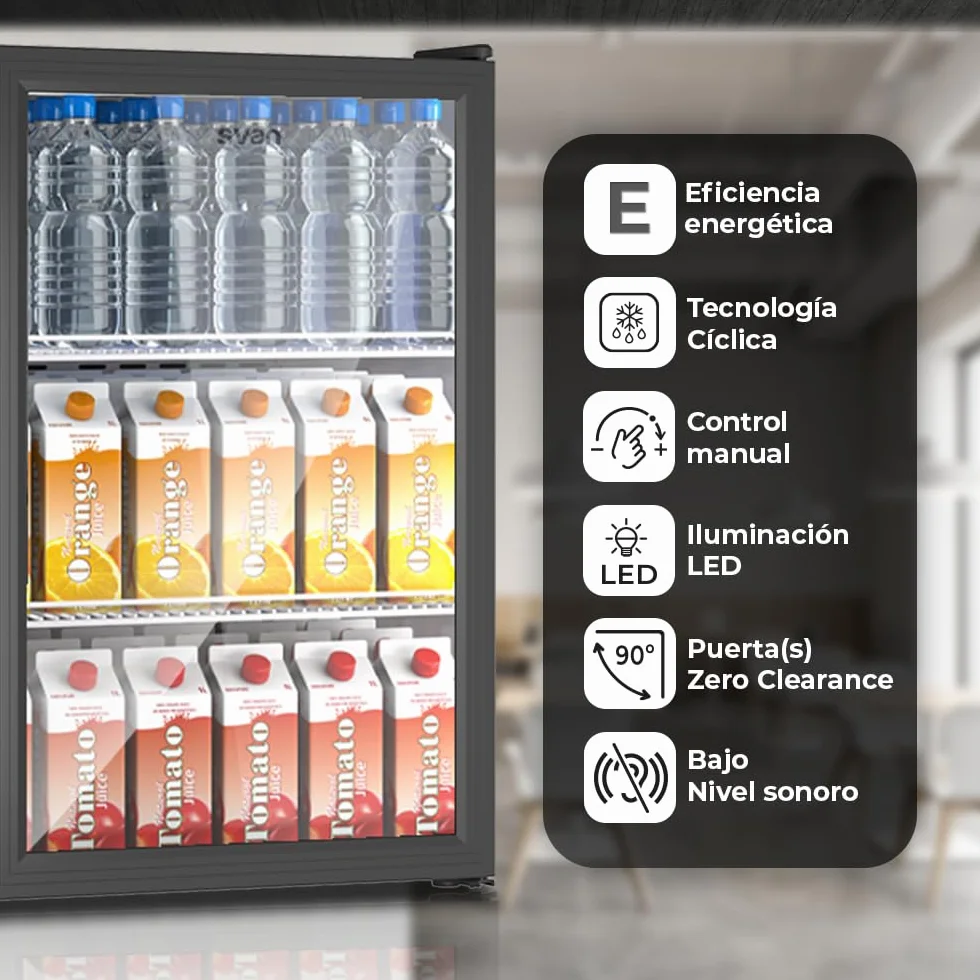 SVAN Frigorífico Refrigerador Horeca Negro SRH855500EN. Capacidad 115 Litros, Puerta Reversible, Bajo Nivel Sonoro, Eficiencia Energética Clase E