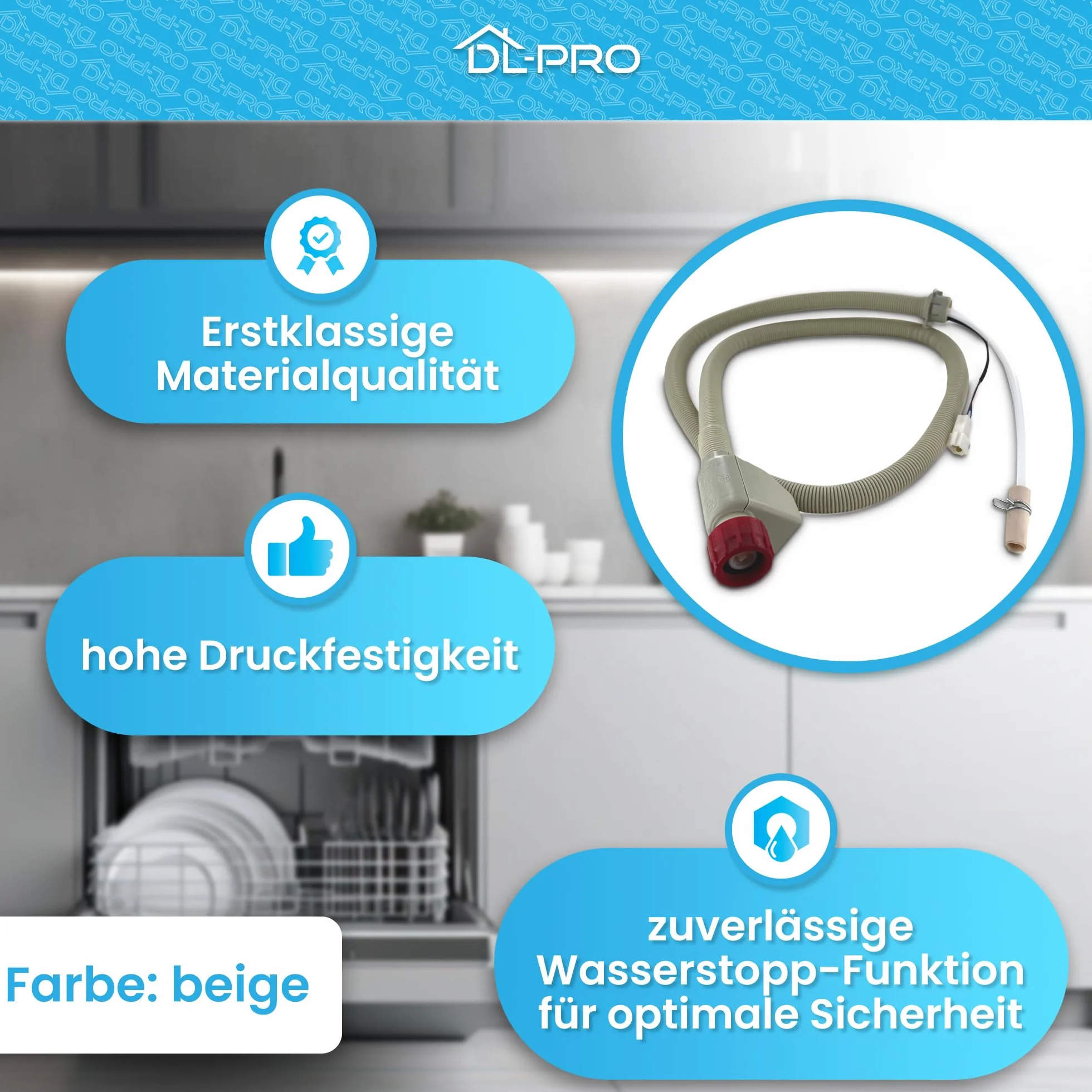 DL-pro Manguera de entrada de agua 1,5m para lavavajillas y lavaplatos para AEG Electrolux Juno 14018058901/6 140180589016 14018058901 Aquastop