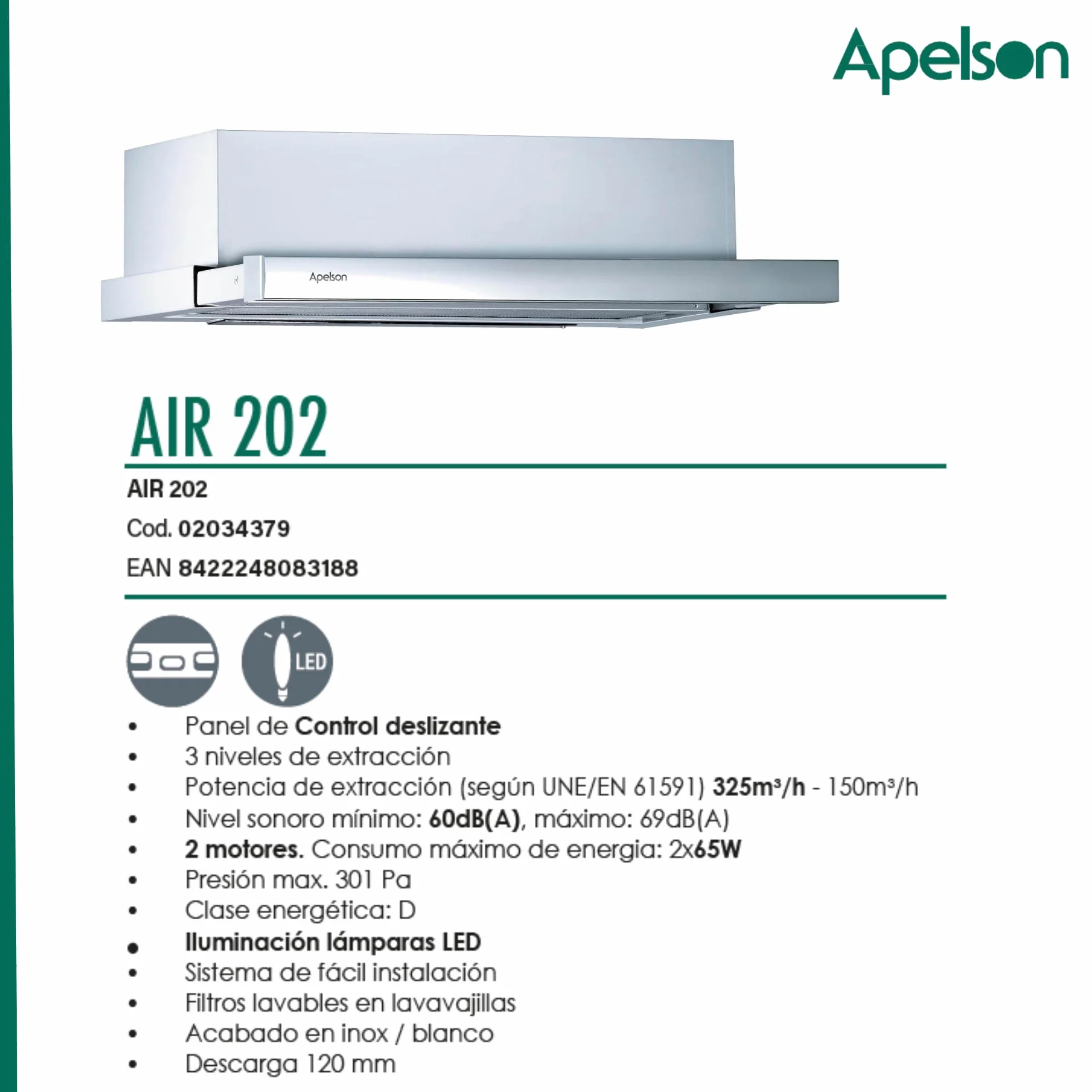 APELSON AIR 202 Campana Extractora Telescópica 60 cm Inox, 2 Motores, 325 m³/h, Iluminación LED, Filtros Lavables, Clase Energética D