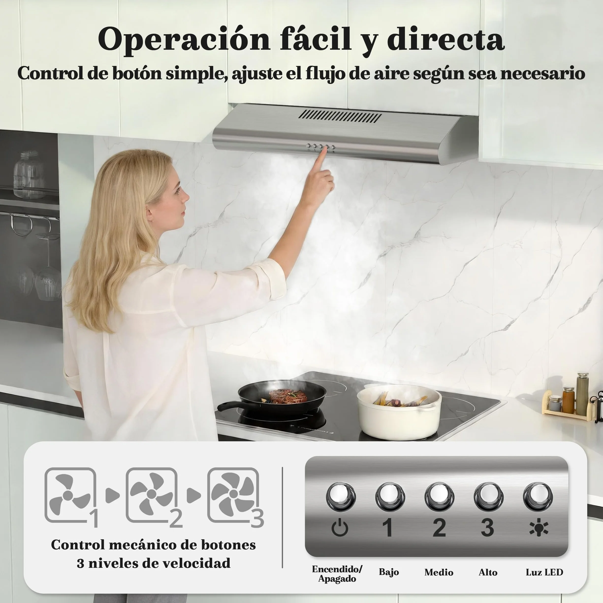 FIREGAS Campana Extractora 60cm A++, Motor Brushless Silencioso 46dB, Capacidad 319m³/h, Acero Inoxidable, Salida Superior/Trasera o Recirculación, Incluye 2 Filtros de Carbón