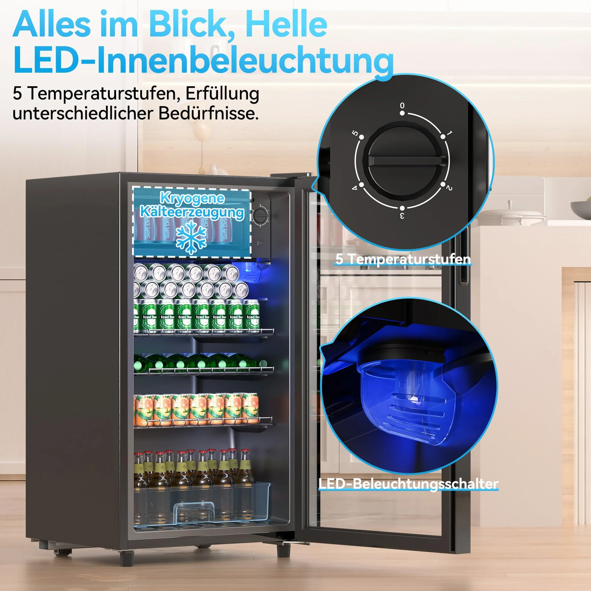 TRIUMPHKEY Nevera para Bebidas, Nevera Compacta de 85 Litros con Luces LED Azules, Nevera para Cerveza, Diseño de Puerta Completa de Cristal con 4 Estantes y Botelleros para Refrescos, Cerveza y Vino.