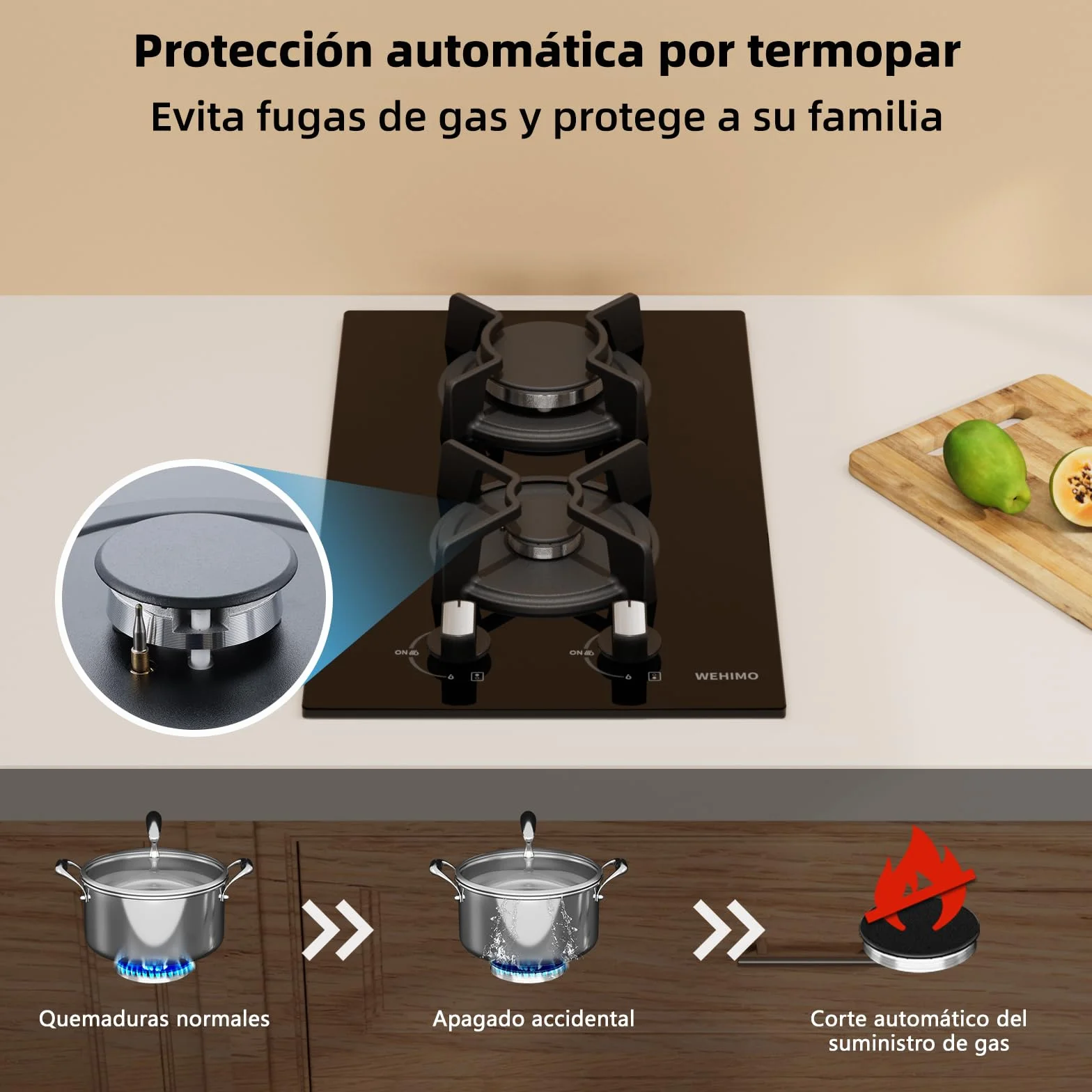 WEHIMO - Placa de cocina de gas de 2 fuegos, 2 fuegos empotrable, rejilla hierro fundido, 3700 W, gas ciudad y botella, cristal negro