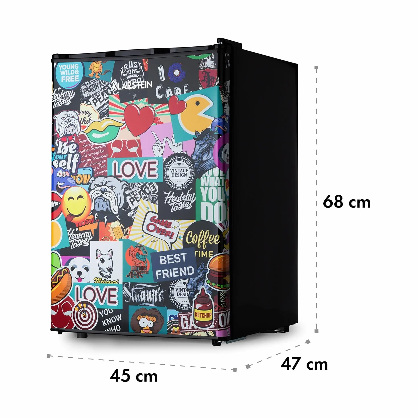 Klarstein Cool Vibe - Refrigerator, capacity: 70 litres, VividArt Concept: door with sticker bomb design print, ice compartment, ice cube tray, noise level: 42 dB, black
