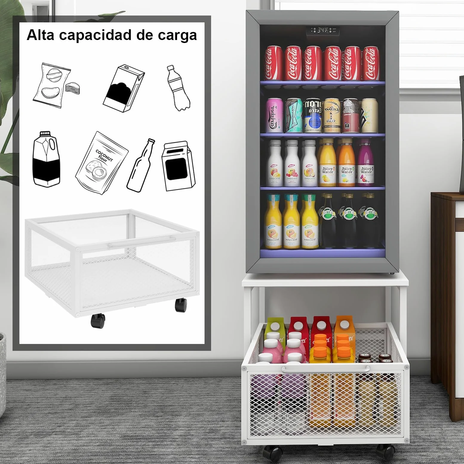 PUNCIA Mueble Soporte Móvil para Mini Nevera con Cesta Metálica Calada | Soporte para Frigorífico Congelador Refrigerador con Base Móvil Estantería con Ruedas para Nevera para Oficina Cocina Salón