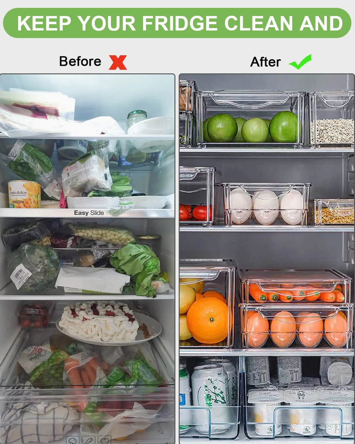 Organizador frigorifico Juego de 10,Recipiente para Guardar Alimentos Organizadores de Nevera Caja de Almacenaje Caja de plástico para 10 latas de Bebida, Organizador de Nevera, Transparente