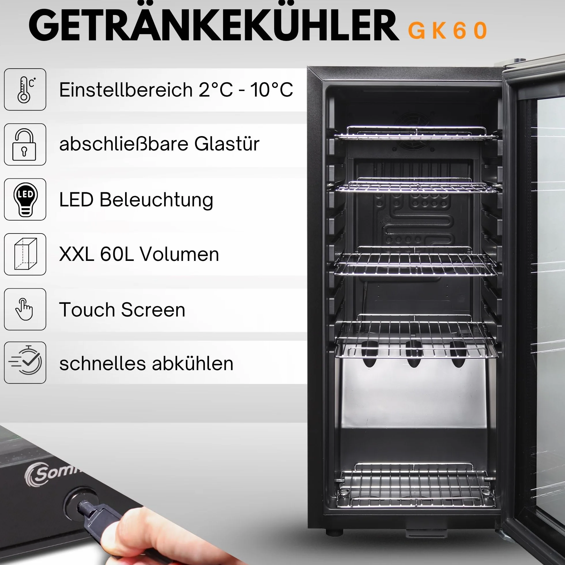 Sommertal Frigorifero GK60 – Frigorífico silencioso para bebidas con LED, pantalla táctil y candado, pequeño refrigerador para botellas, negro, 60 l