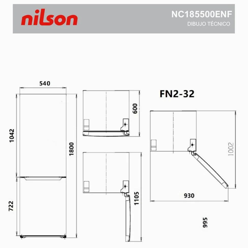 Nilson Frigorífico Combi Blanco, 2 Puertas. NC185500ENF, Capacidad 253 L, No Frost, Multi Air Flow, Bajo Nivel Sonoro, Puerta Reversible, Clasificación Energética E