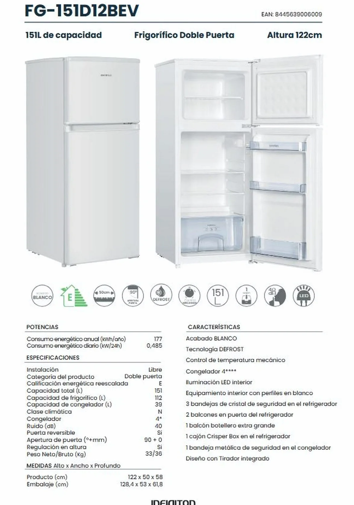 Frigorifico Dos Puertas Infiniton FG-151D12BEV, 151 Litros, 122 cm de Altura, Ancho de 50 cm, Ciclico, LED Interior, Regulación en altura, E, Blanco