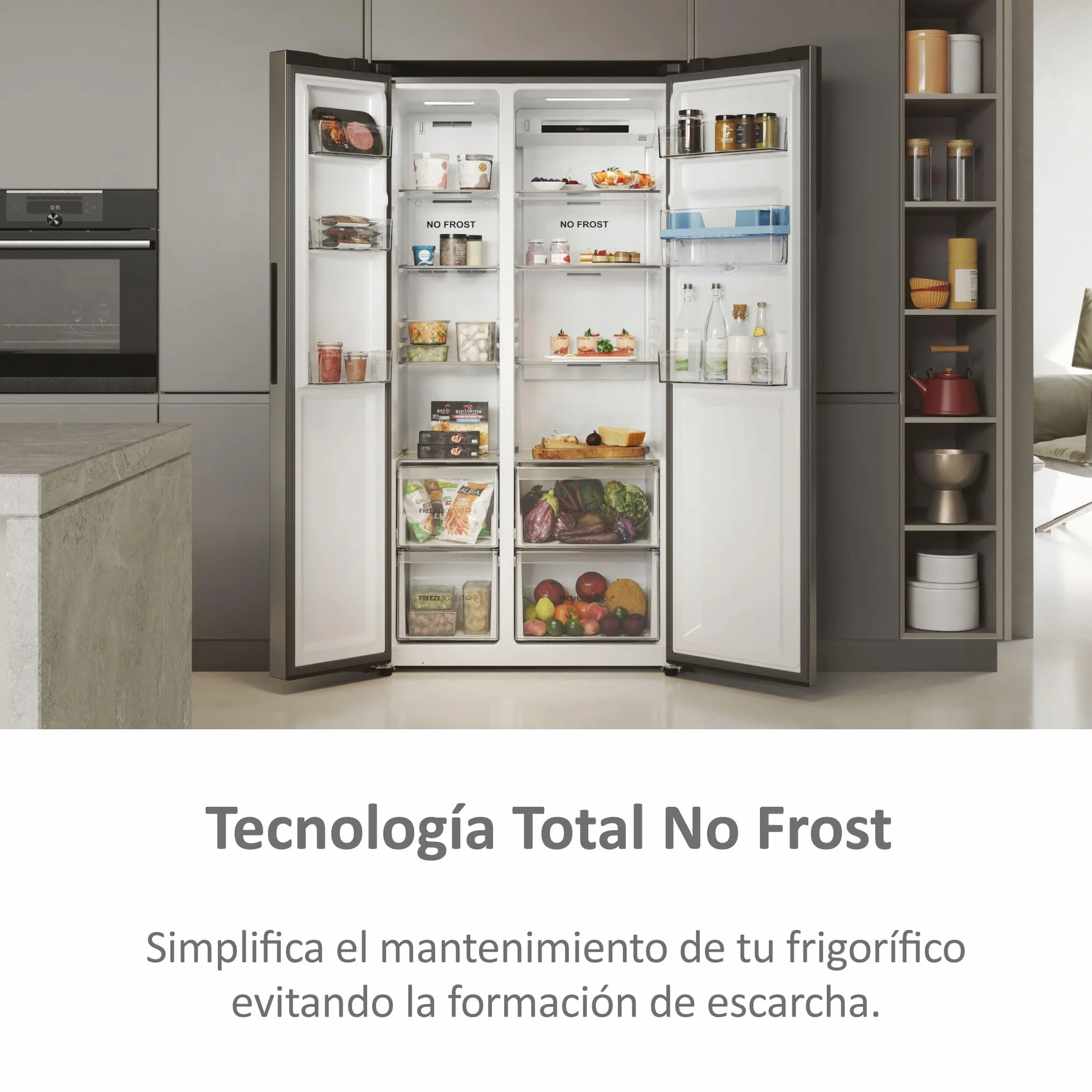 Haier SBS 90 Series 5 HSR5918DWMP - Frigorífico Side by Side, con Dispensador de Agua, Apertura puertas 90 grados, Motor Inverter, Total No Frost, Ancho 90cm, Capacidad XXL 521L, Iluminación LED, Inox
