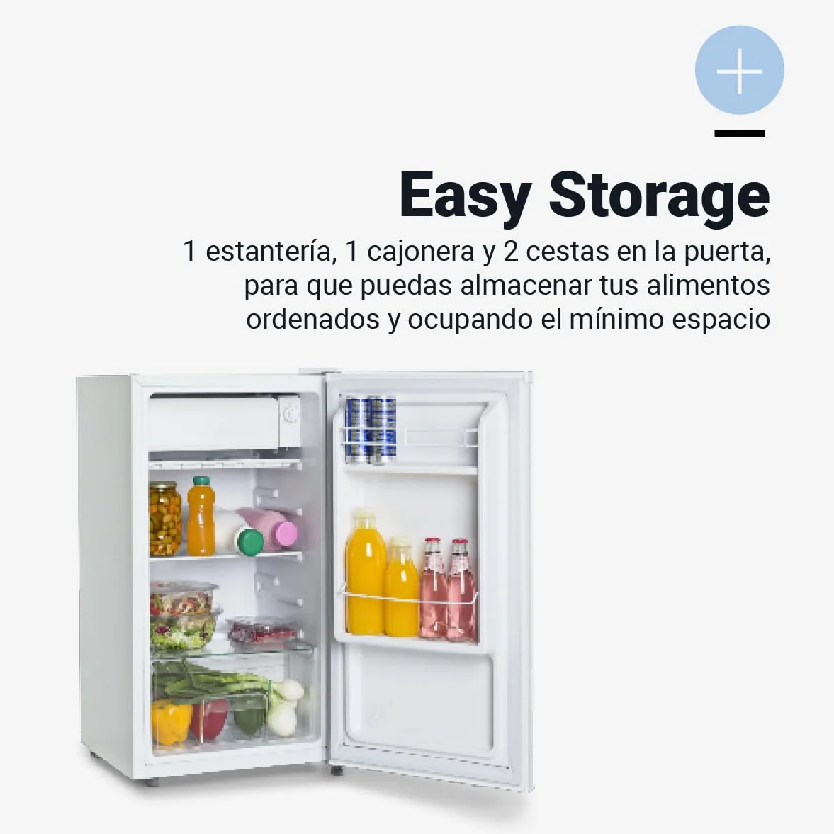 UNIVERSALBLUE Frigorífico Mini Bajo Encimera 90L Blanco - Puerta Reversible, Bajo Consumo, Congelador 0º a -3º, Almacenamiento Fácil, Luz Interior | Nevera Mini