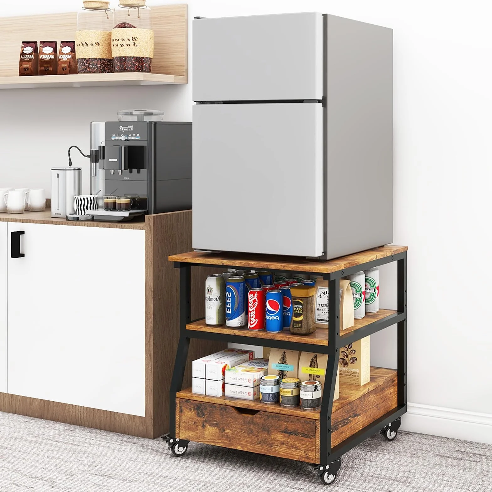 PUNCIA Soporte de 3 Niveles para Mini Nevera Mueble Estante de Frigorífico con Ruedas Organizador Móvil con Cajón Plataforma para Refrigerador Cocina Salón Oficina