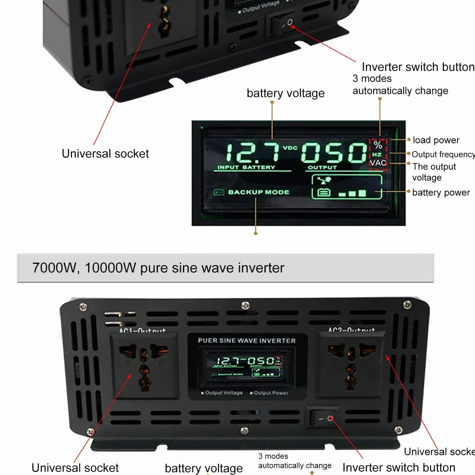 Inversor de onda sinusoidal pura de 12V, 24V, 48V, 60V a 220V, 230V, 240V, convertidor de corriente para coche, inversor para autocaravanas, camiones, barcos, camping, hogar, furgoneta,10000W-24v