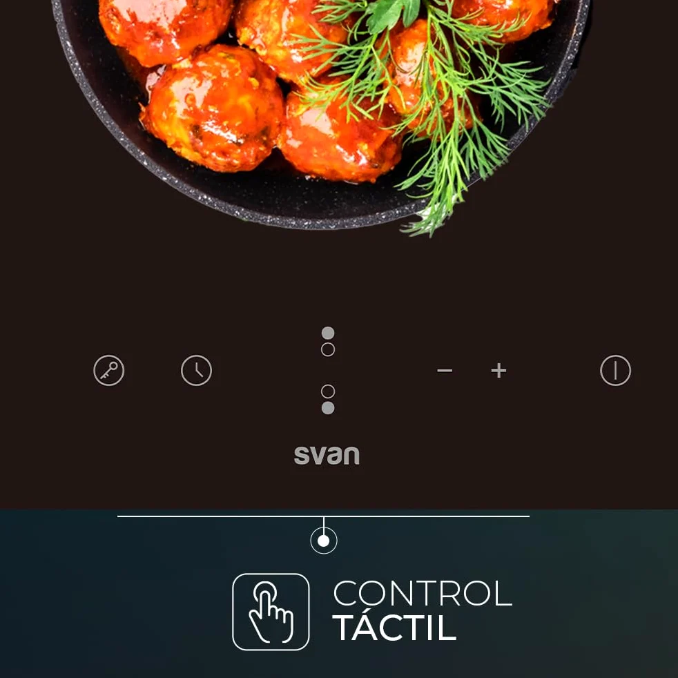 Svan Placa Vitrocerámica Cristal negro SV2301. Potencia máx. 3000 W, 2 Zonas de Cocción, 9 Niveles de Cocción, Control Táctil, Bloqueo y Autodesconexión de Seguridad