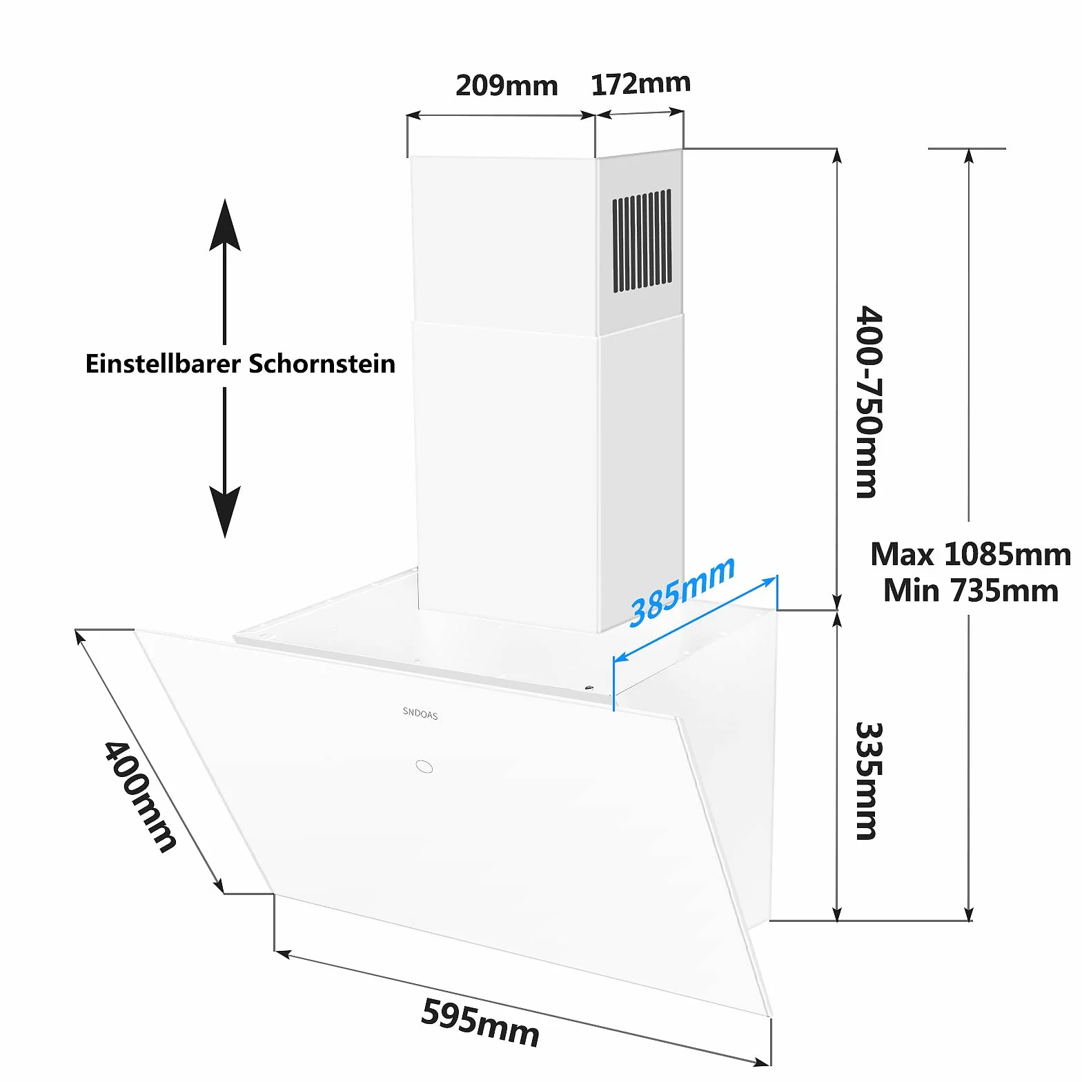 SNDOAS Campana Extractora 60cm, 700 m³/h Campanas Extractoras Cocina Silenciosa, 3 Velocidades de Potencia, Dos Modos de Ventilación, Función de Apagado Retardada, Vidrio Blanco