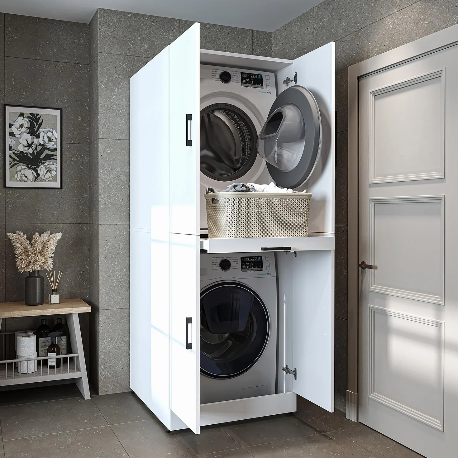 ROOMART Dora Armario para lavadora y secadora, en 4 colores, con puertas y estante deslizante (blanco)