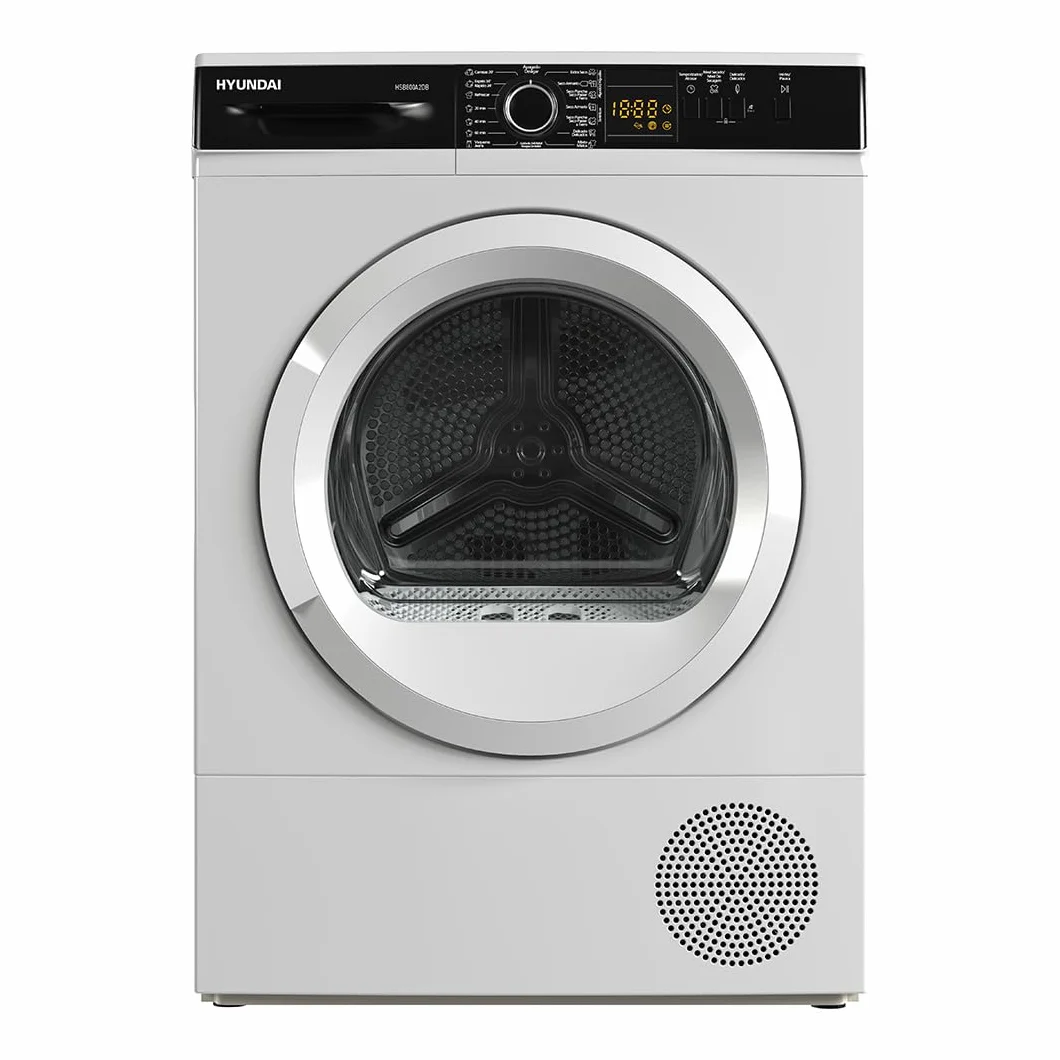 Hyundai Secadora Bomba Calor 8 Kg, Carga Frontal, Blanco, HSB800A2DB. 1000W, 15 Programas, Función Antiarrugas, Display LED manual, Eficiencia Energética Clase A++