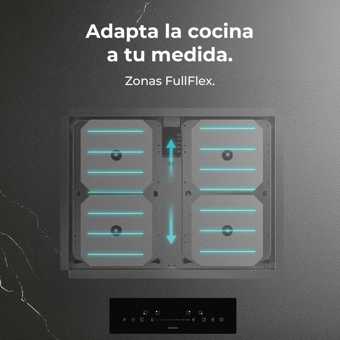 Cecotec Placa de Inducción Invisible - Oculta Bajo Encimera 60cm Bolero Squad I 4300 Invisible FullFlex. 7200W, Encimera 12-15mm y que Soporte 400º, 9 Velocidades, Temporizador, Bloqueo de Seguridad