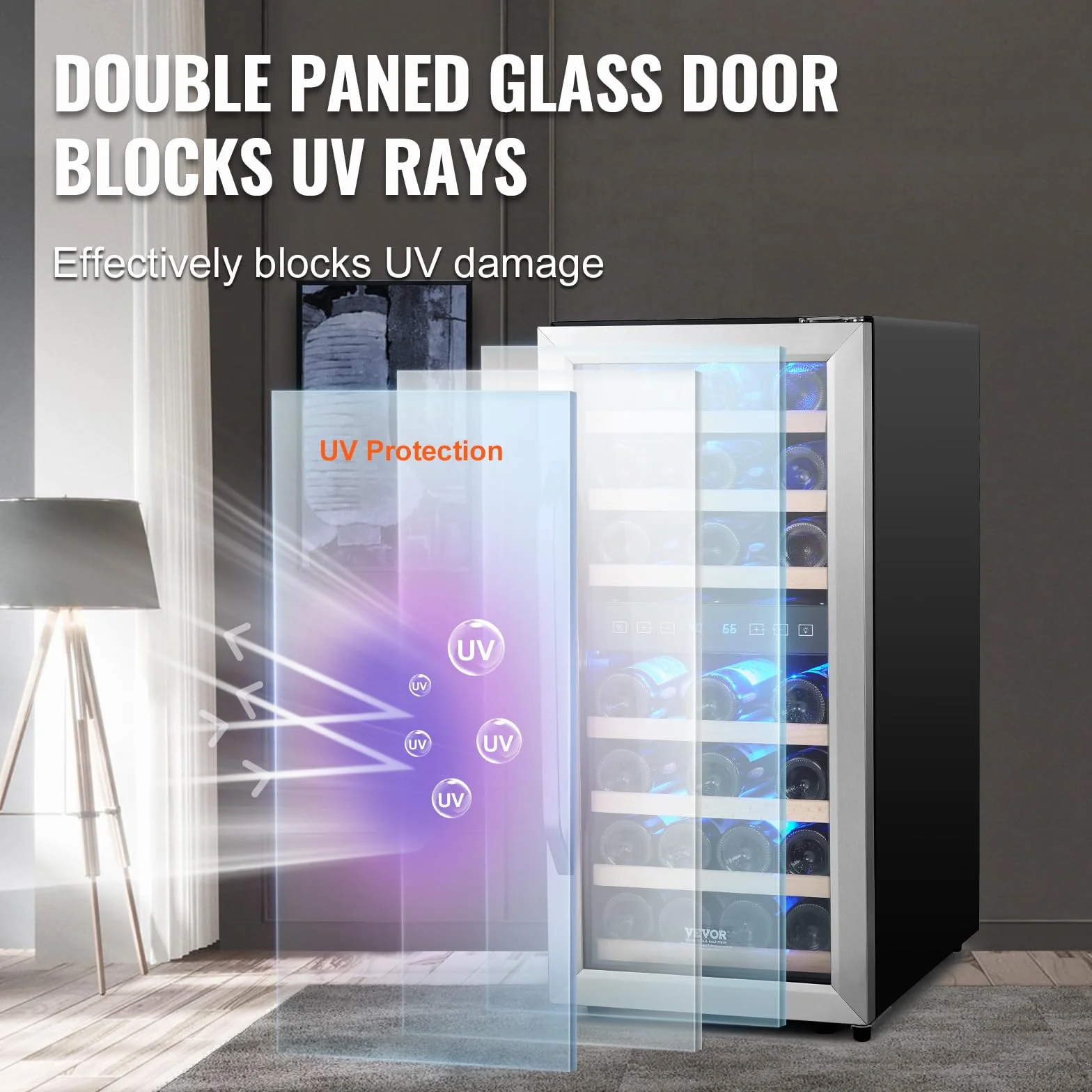 VEVOR Enfriador de Vino para 33 Botellas de Doble Zona y Temperatura, Independiente con Refrigeración por Aire Circulante y Control Digital, Puerta de Vidrio Templado Protección UV, 395 x 580 x 840 mm