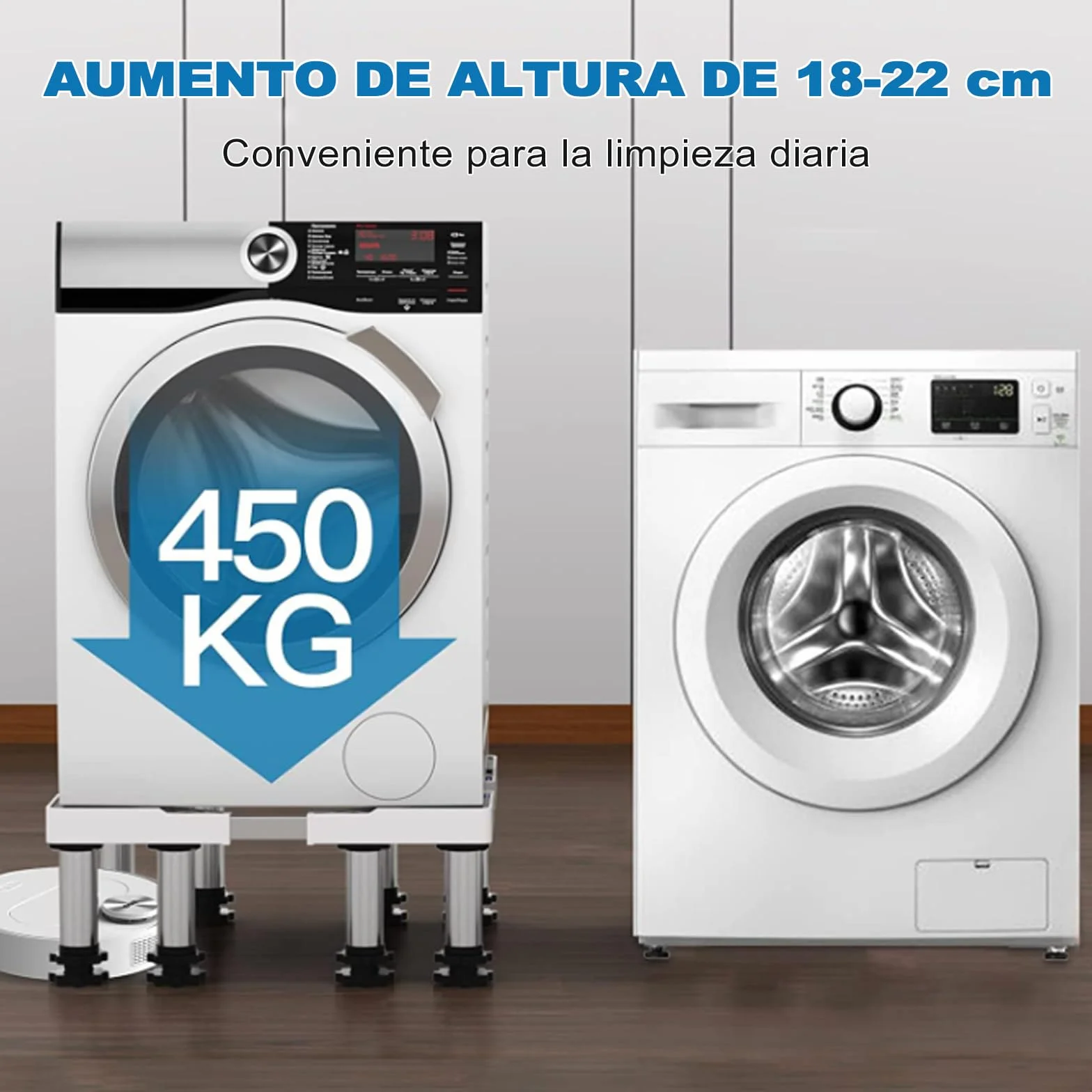 DEWEL Base de la Lavadora de 8 Pies, Carga de 500 kg, Base de la Lavadora del Refrigerador Ajustable, Secadora y Congelador, Longitud Ajustable 43 - 57 cm, Altura 18 - 20 cm, Tubería Cuadrada