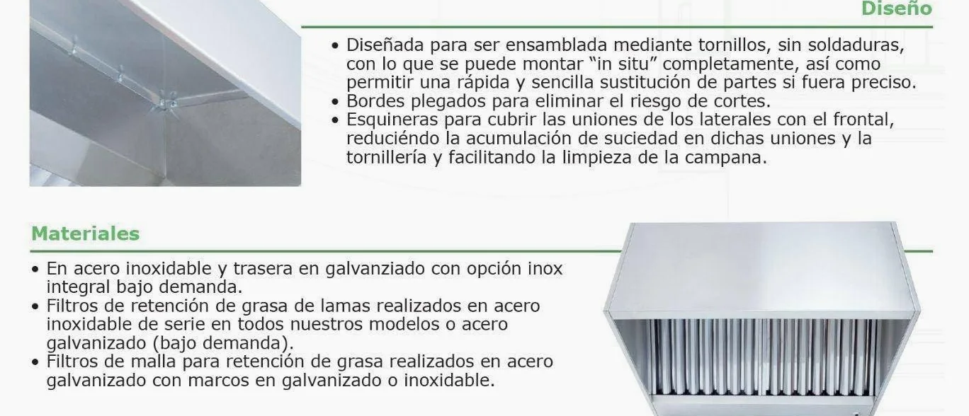 Campana Extractora Industrial Modelo Rectangular en Acero Inoxidable para Pared o Central a Techo - 4 Filtros - 2008mm